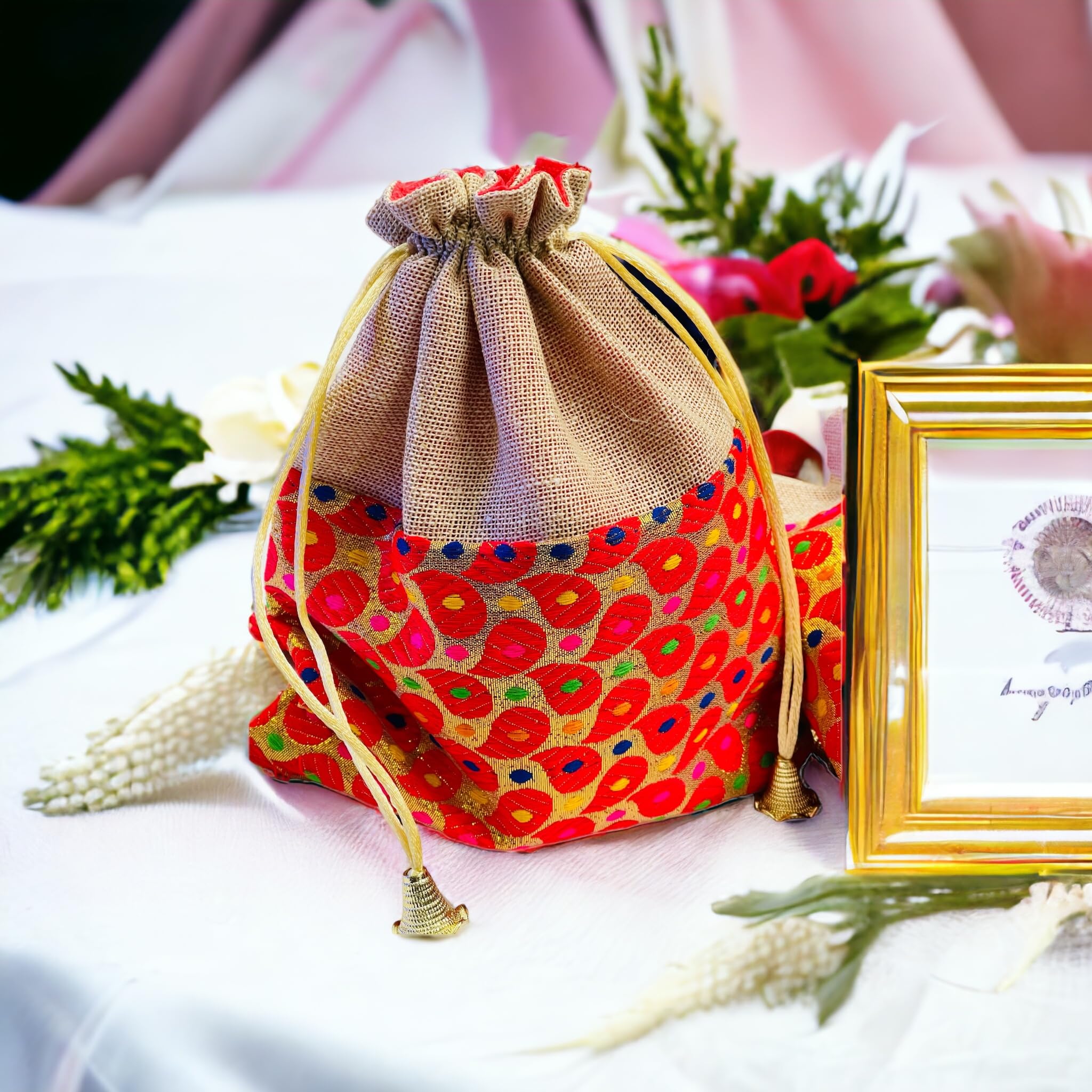 KRIWIN Pack of 20 pcs Big Size Brocade & Jute Potli Gift Bags (23 X 18 cm) Red & Beigeb 500 gr capacity 3