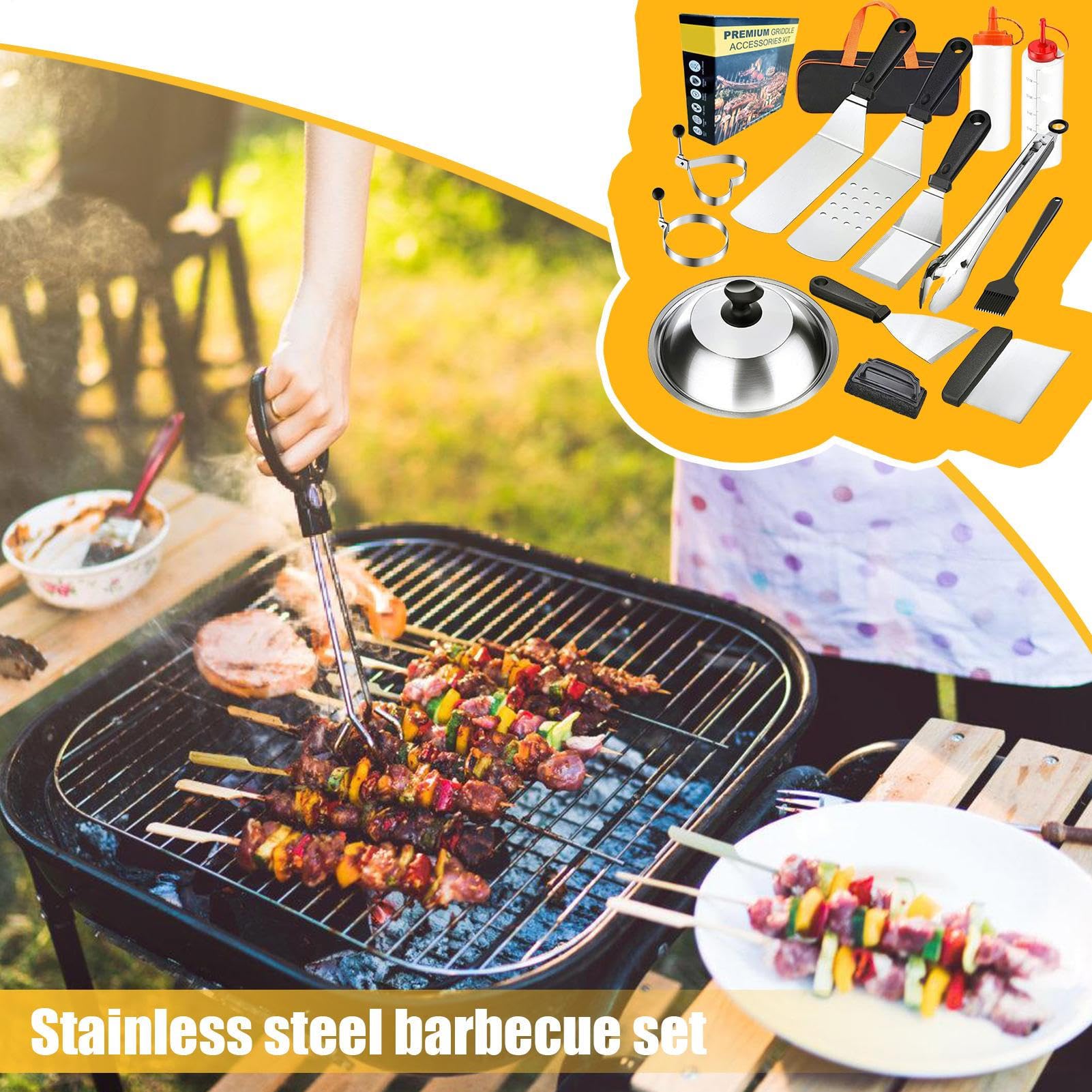 Akcesoria BBQ,Funkcjonalne Akcesoria Grillowe W Zestawie - Wytrzymała Stal | Nierdzewna 14 Sztuk Przenośne Narzędzia Do Kempingu Tarasu Ogrodu I Przyrzadzania Mięsa Warzyw