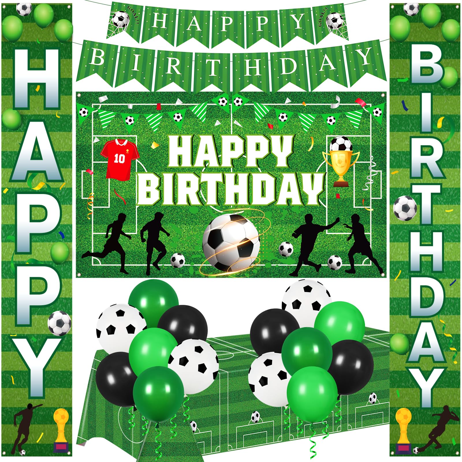 Soccer Party Banner Decorations Kit Green Soccer Theme Happy Birthday Banner Backdrop Porch Sign Tablecloth and 14pcs Balloons Decor for Boys Men