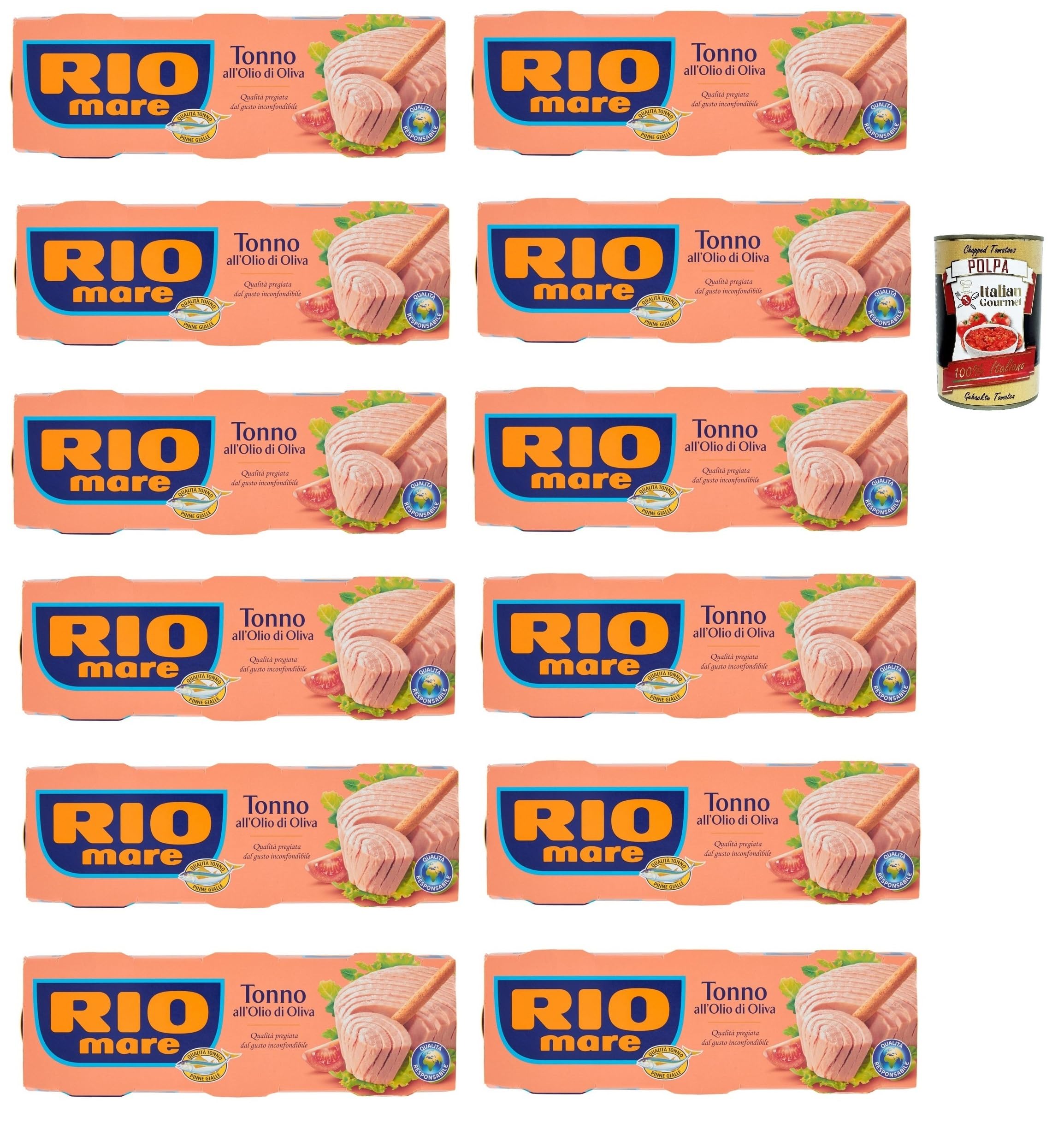 Italian Gourmet Tonno all'Olio di Oliva 36 x 120g Gelbflossen-Thunfisch | Filetti in conserva mediterranea, pronti per insalate e pasta; zart, Gesamtnettogewicht 4,32 kg + Kostenlos Polpa 400g