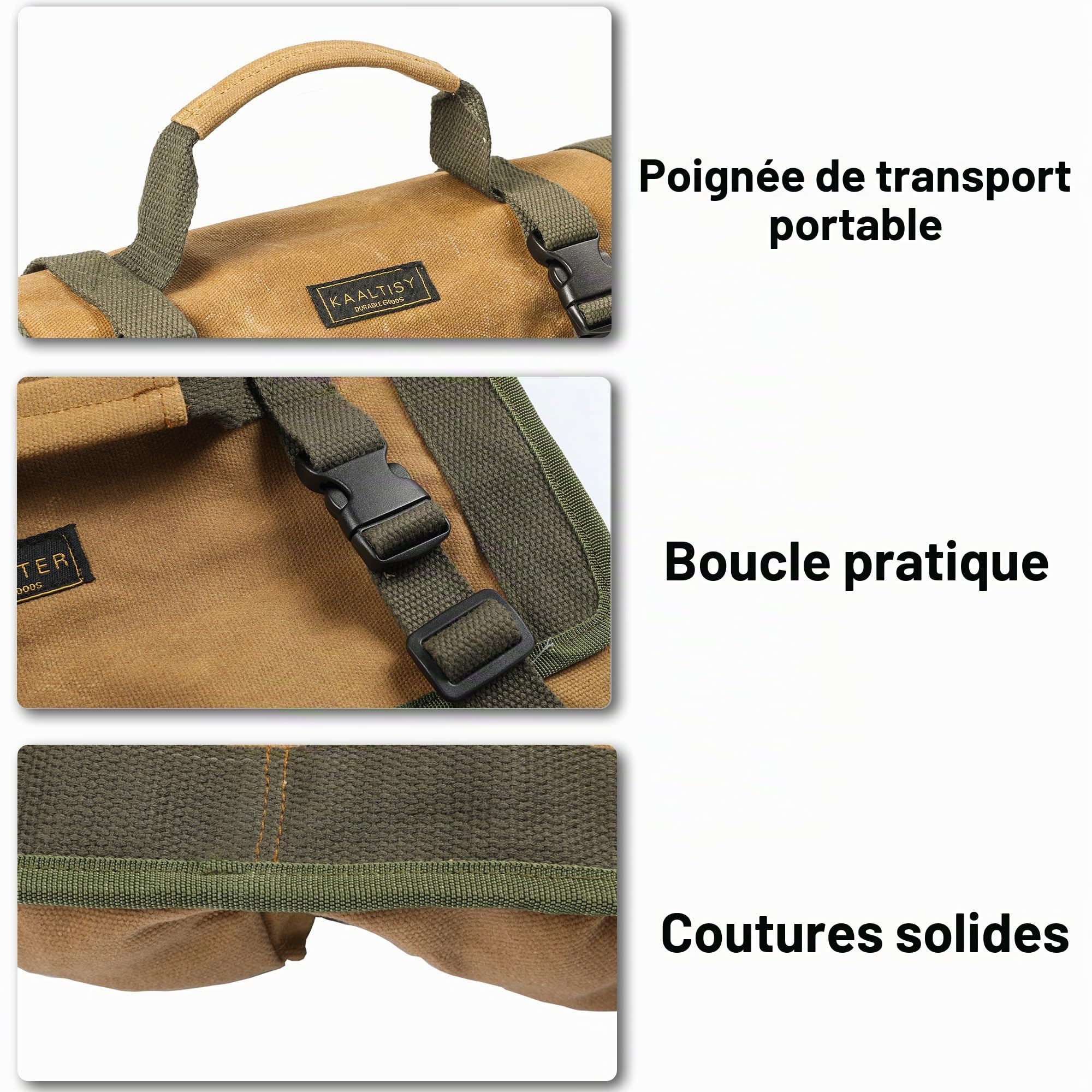 Sac à roulettes pour outils en toile cirée, Grand rouleau de clés à molette avec 6 poches zippées, Sac à outils multifonctions, Kaki
