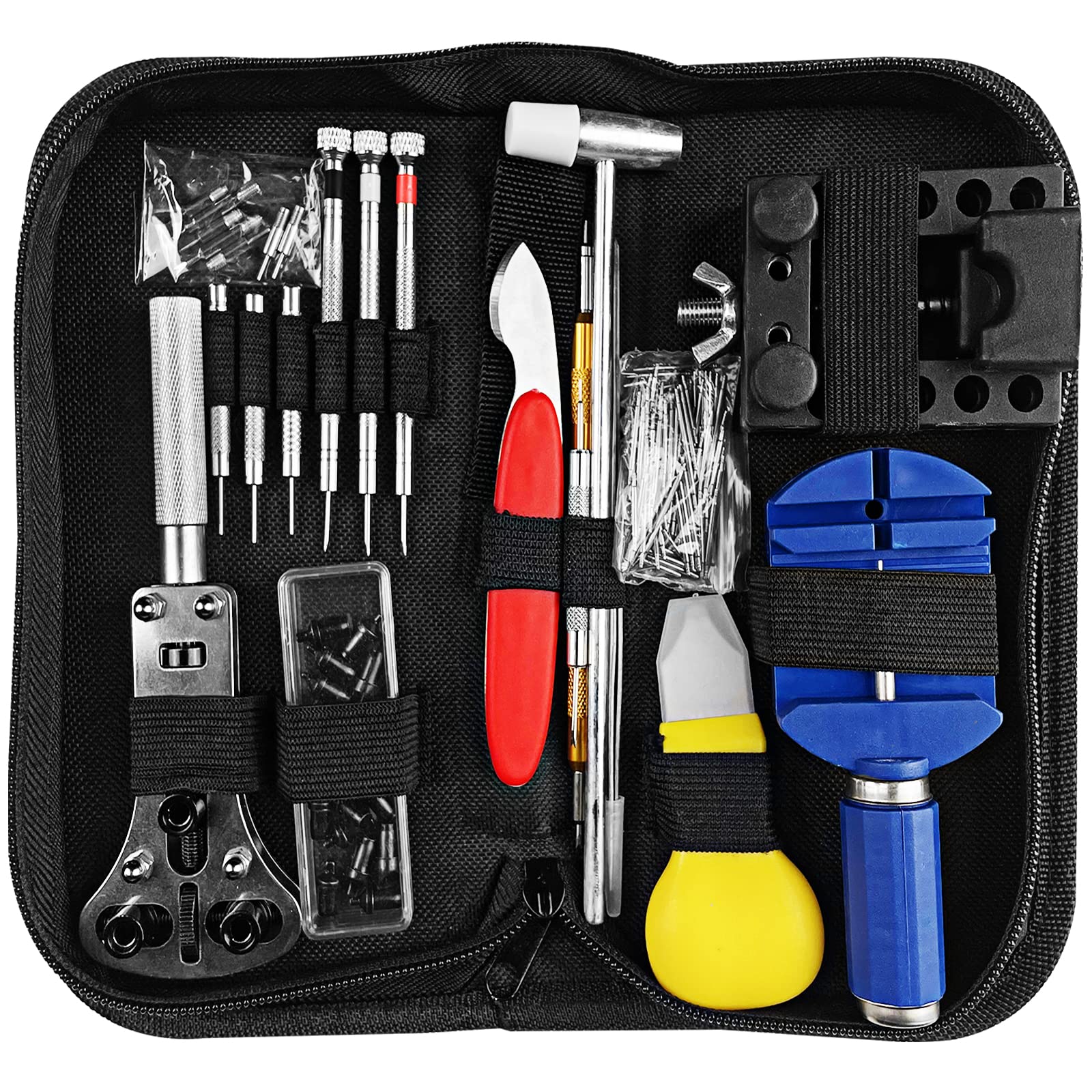 Newpop Kit de Reparación de Relojes 147 Pcs, Profesional Herramientas Relojero Ajuste Correa Abridor Tapas Destornillador Barra Resorte