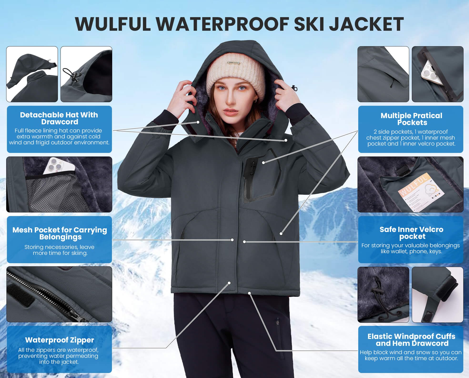 WULFUL Women’s Waterproof Snow Ski Jacket Mountain Windproof Winter Coat with Detachable Hood