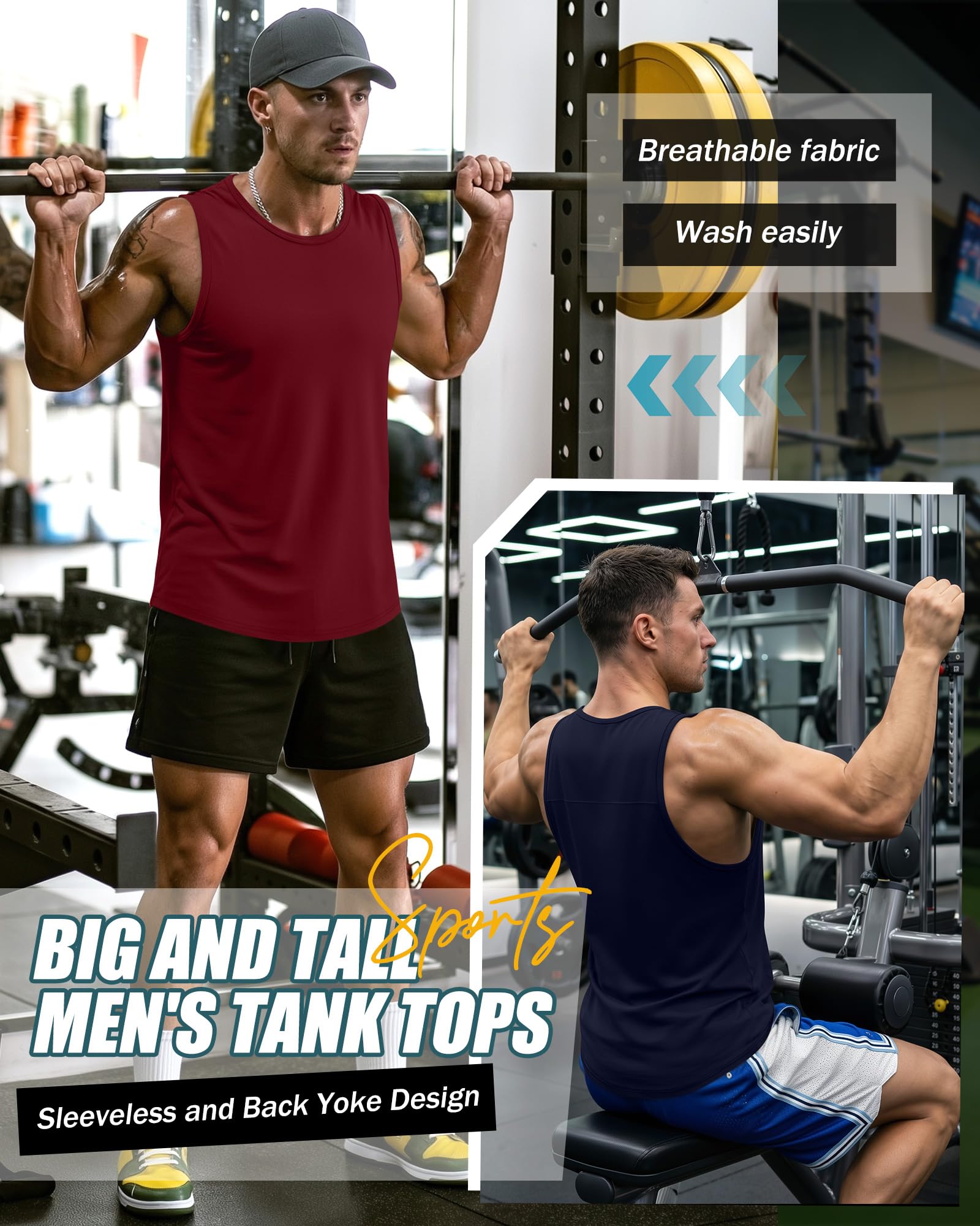 Evervibe 3er-Pack große und große Baumwoll-Tanktops für Herren, Übergröße, Workout, ärmellos, Rundhalsausschnitt, Muskel-Shirts, L-5XL