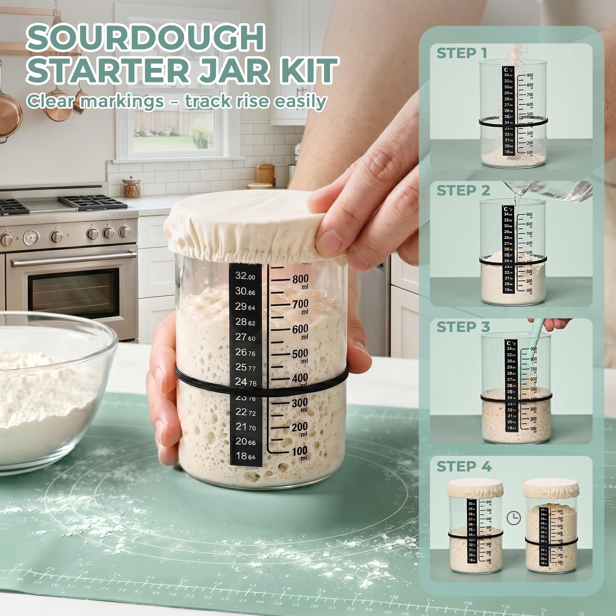 Sauerteig-Starter-Set – Komplettes Brotback-Set mit rundem und ovalem Banneton-Gärkorb, Sauerteigglas, Brotschleifen, Silikonmatte und Teigschabern – Backzubehör als Geschenk für Hobbybäcker