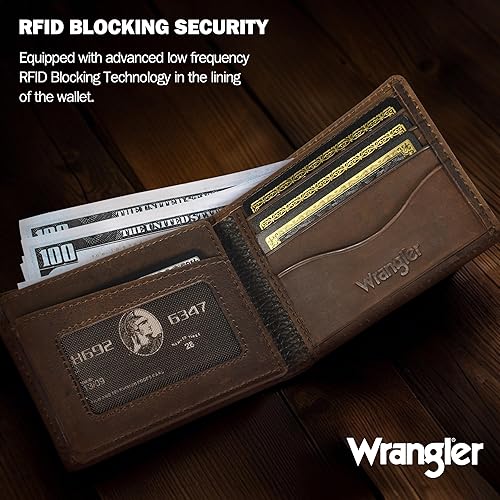 Miniatura 4 de Wrangler Billetera para hombre con soporte AirTag, billetera de cuero genuino con bloqueo RFID plegable, Casual