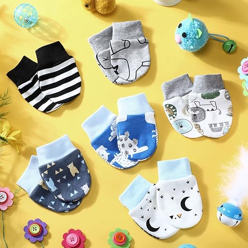 Miniatura 3 de 6 pares de guantes antiarañazos para bebé recién nacido, antiarañazos, unisex, de algodón, para niñas de 3 a 9 meses (serie gris, fresco)