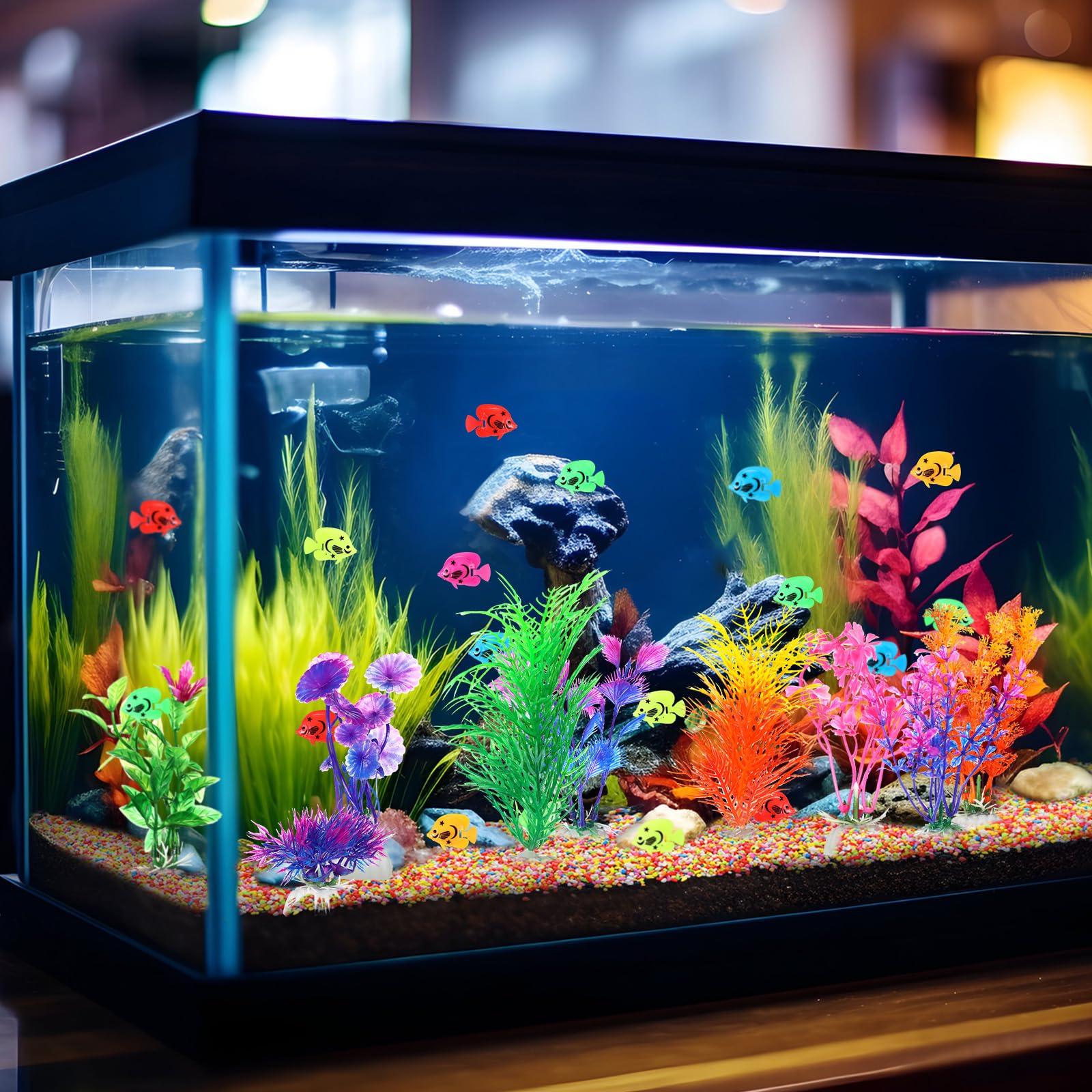 Jexine 60 pesci finti galleggianti, 10 piante acquatiche artificiali e rocce per acquario da 1,2 kg, per casa, ufficio, acquario, decorazioni e accessori