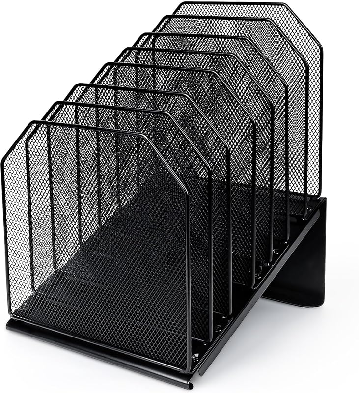 Organizador de archivos inclinado para escritorio, archivador vertical de 7 secciones | Organizador de escritorio de oficina, carpeta de archivos con estante de Metal, clasificador de documentos de escritorio de malla de alambre, para oficina, escuela, aula, hogar (negro)