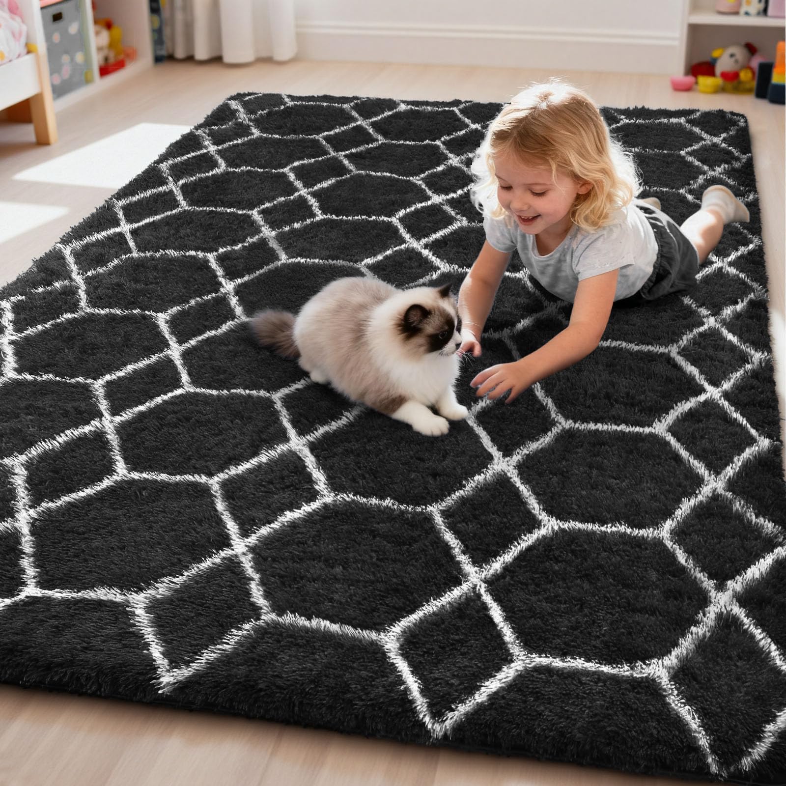 Sour Lemon Tappeto a pelo lungo, grigio, per soggiorno, 160 x 230 cm, lavabile, antiscivolo, extra grande, per camera da letto, cameretta dei bambini