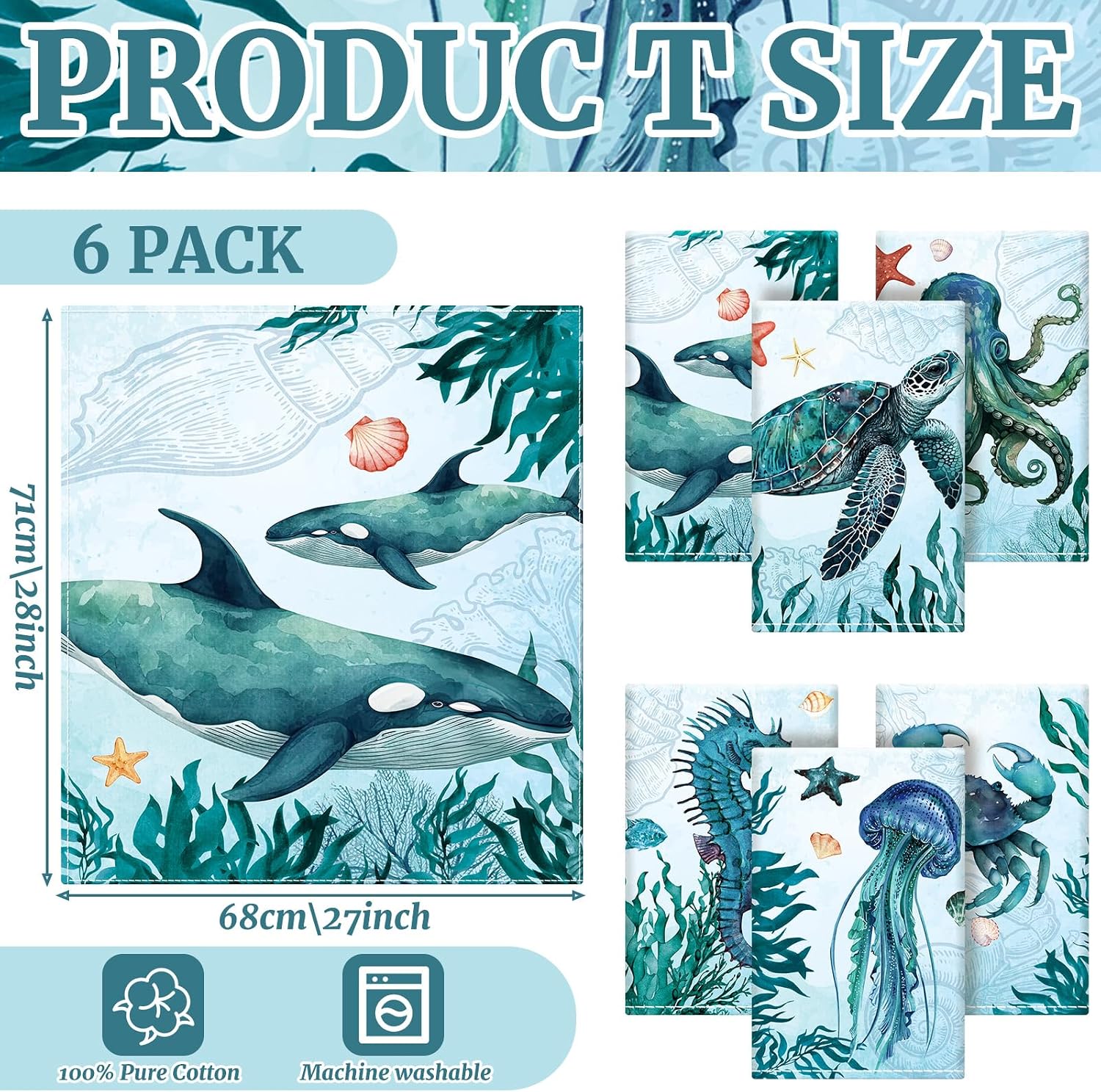 HunnmingRe 6 Pcs Coastal Kitchen Towels 28 x 27 Inch Marine Life Dish Beach Dish Towels Ocean Animals Hand Towel Nautical Reusable Sack Towel for Oven Stove Home Decor Bathroom Housewarming Gift