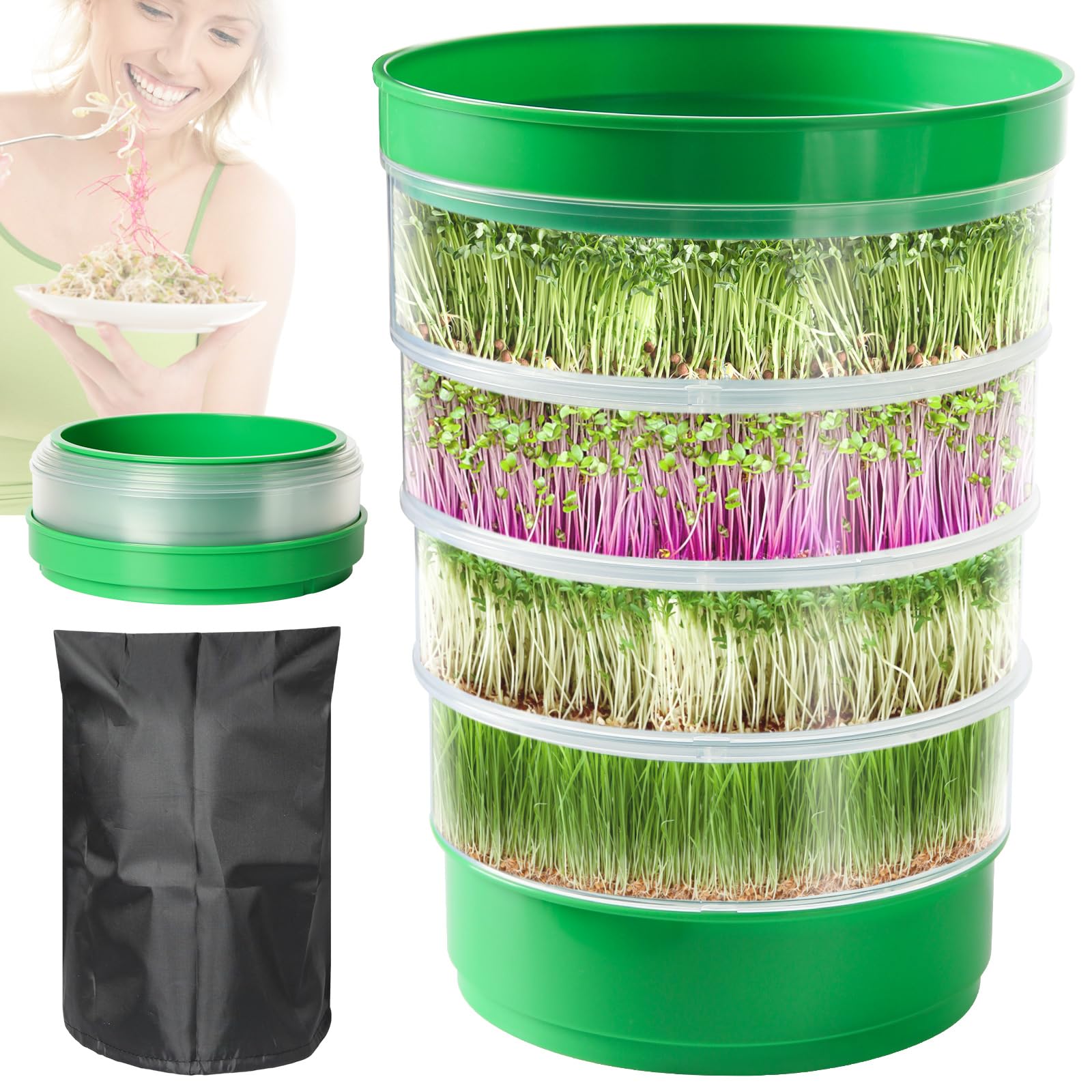 AOMGD 4-Tier Sprouts Growing Tray,Microgreens Growing Kit with Sprout Lid, Blackout Sleeve & Drain Tray,Stackable Sprouts Growing Kit,Soil-Free Seedling Box for Beans Alfalfa Seeds(NO Seeds)