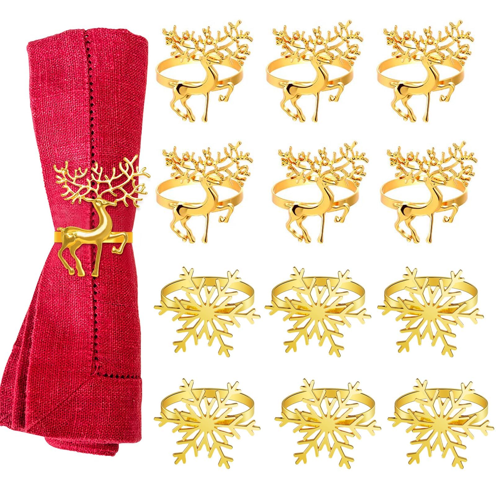 Ssjkeji Gold 12 Pieces Christmas Napkin Rings Made 6 Deer Napkin Holders, 6 Pieces Snowflake Napkin Rings, Party, Wedding, Thanksgiving (Gold)