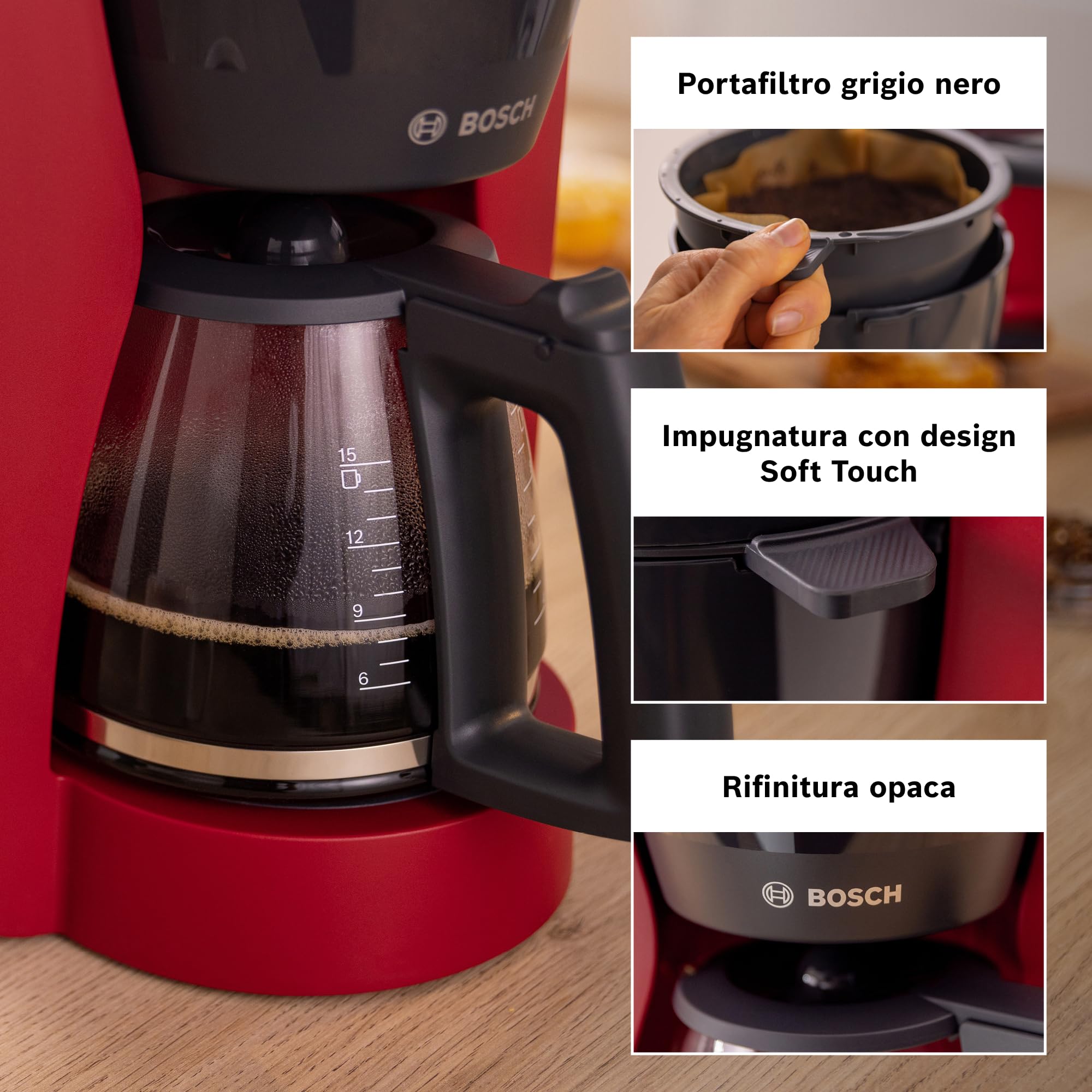 Bosch Macchina da Caffè Americano MyMoment TKA3M134, 1200 W, Capacità fino a 10 Tazze, Filtro Removibile, Caraffa in Vetro, Sistema Antigoccia, Serbatoio Rimovibile, Facile Decalcificazione, Rosso