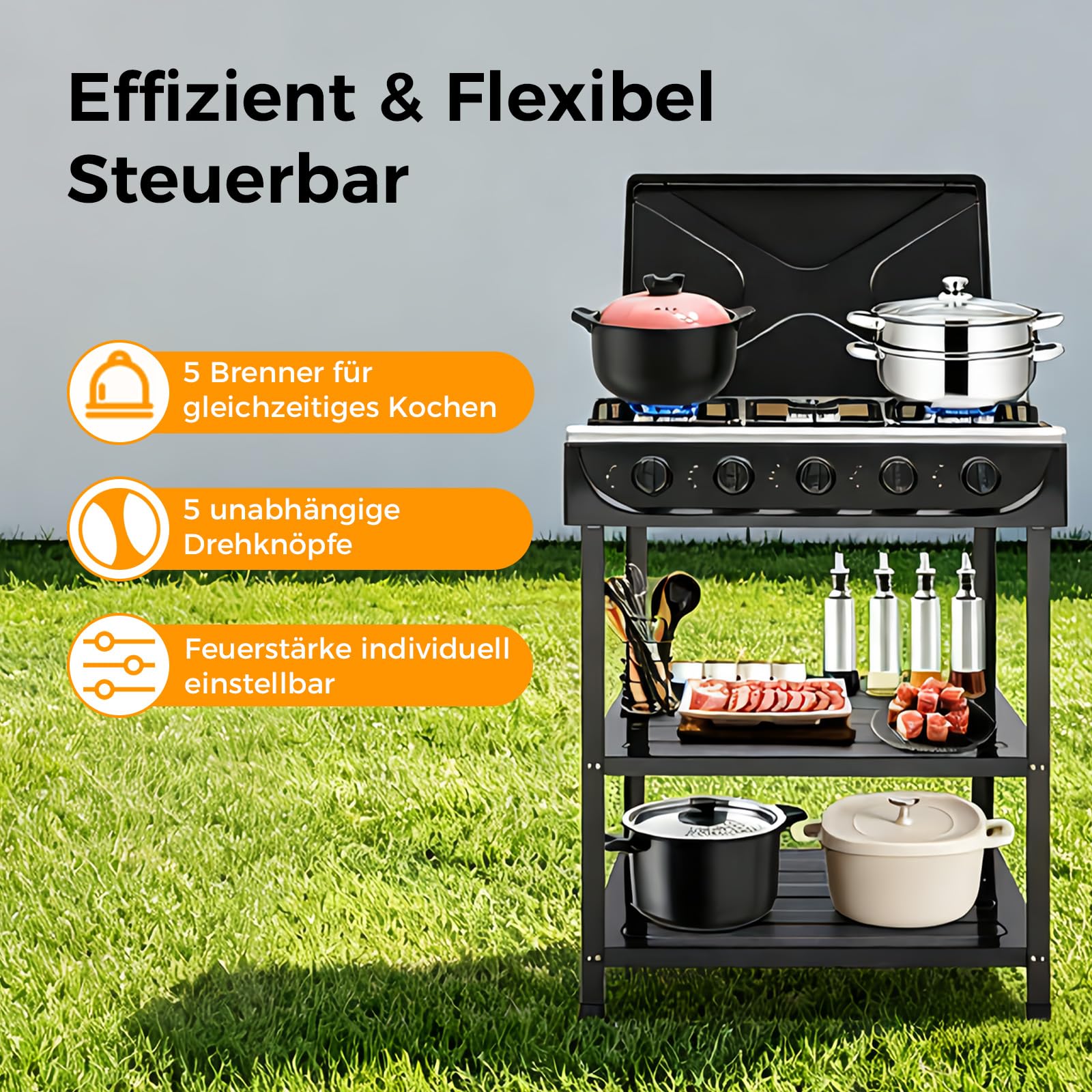 5 Flammiger Gaskocher Outdoor Campingkocher mit Stützbeinständer und windblockierender Abdeckung Freistehender Gaskochfeld für Wohnmobil, Wohnung, Kochen im Freien (Schwarz)