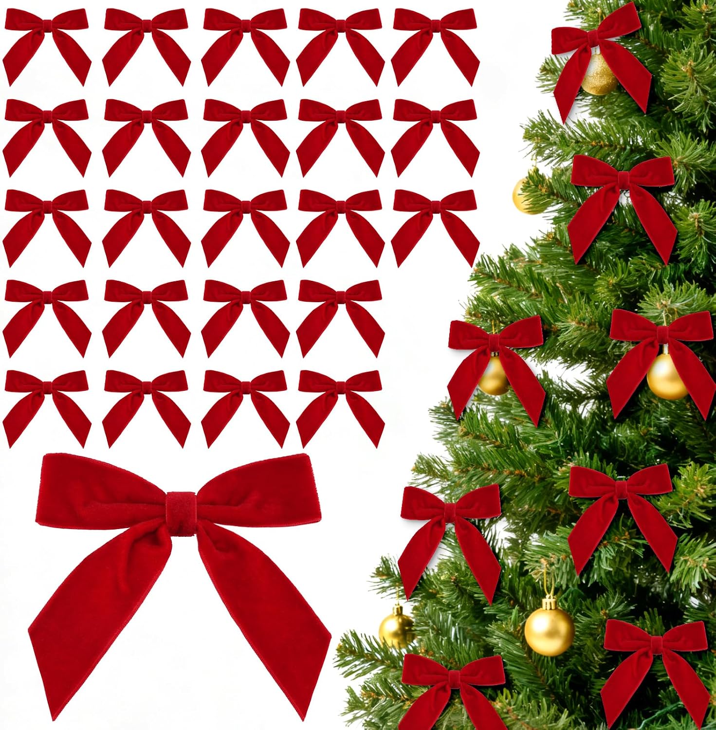 24Pcs Red Bows for Christmas Trees - 3.5'' Red Velvet Christmas Bows Ornaments, Small Velvet Ribbon Bow for Wreaths, Garland, Gift Wrapping & Holiday Home Decor