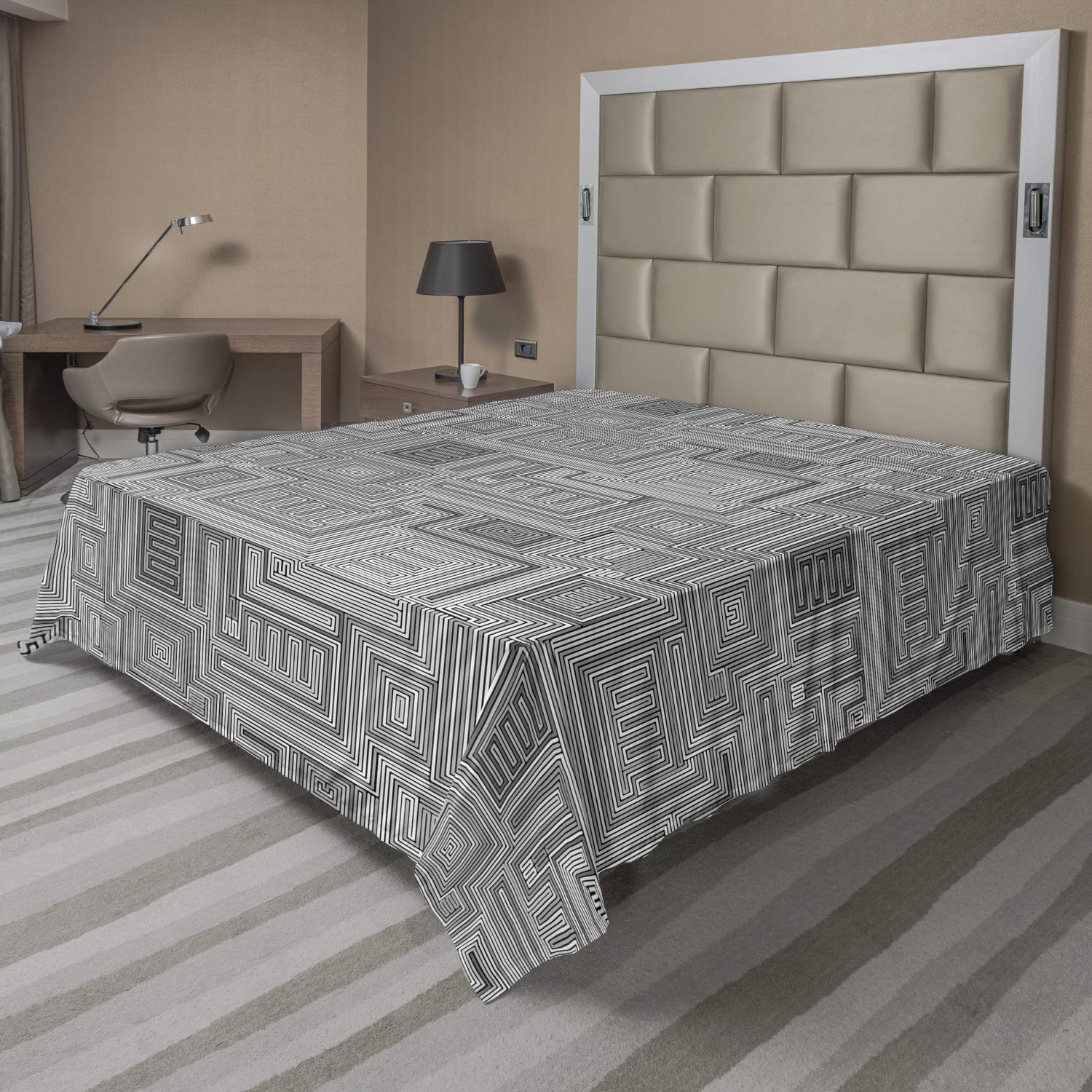 Lunarable Abstract Flat Sheet, Striped Intricate Labyrinth Look in Grey Tones Print, Soft Comfortable Top Sheet Decorative Bedding 1 Piece, Queen Size, Grey Taupe