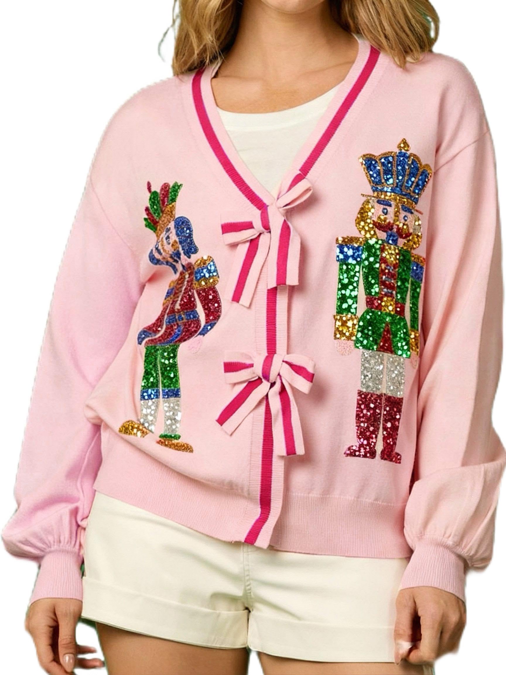 Women Holiday Sequin Cardigans Funny Graphic Button Embroidered Sweaters Cute Open Front Knit Long Sleeve Coat Tops