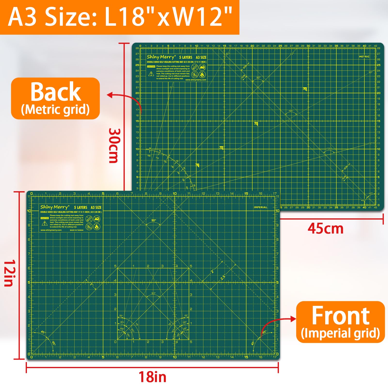Shiny Merry Self Healing Cutting Mat A3 12"x18" - Double Sided 5-Ply Craft Mat for Sewing Quilting, Fabric, Scrapbooking - Green/Green - Image 2
