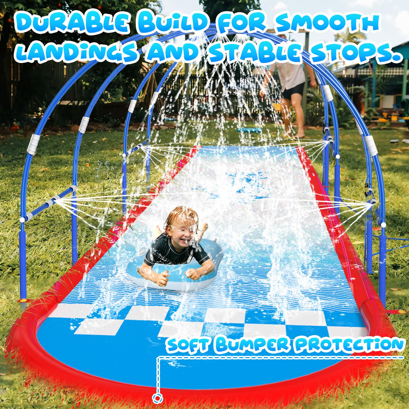 Toboggan à eau de pelouse de 7,9 m avec double cadre en métal et système d'arrosage indépendant, toboggan aquatique pour enfants, comprend 2 bodyboards, 6 piquets, pompe à air, jouet