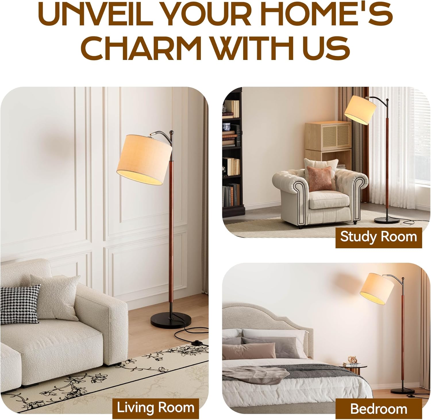 Arc Floor Lamp, Corner Mid Century Modern Floor Lamp, Standing Lamp with Adjustable Hanging Lampshade and Marble Base, Floor Lamps for Living Room, Bedroom, Office, Walnut Brown