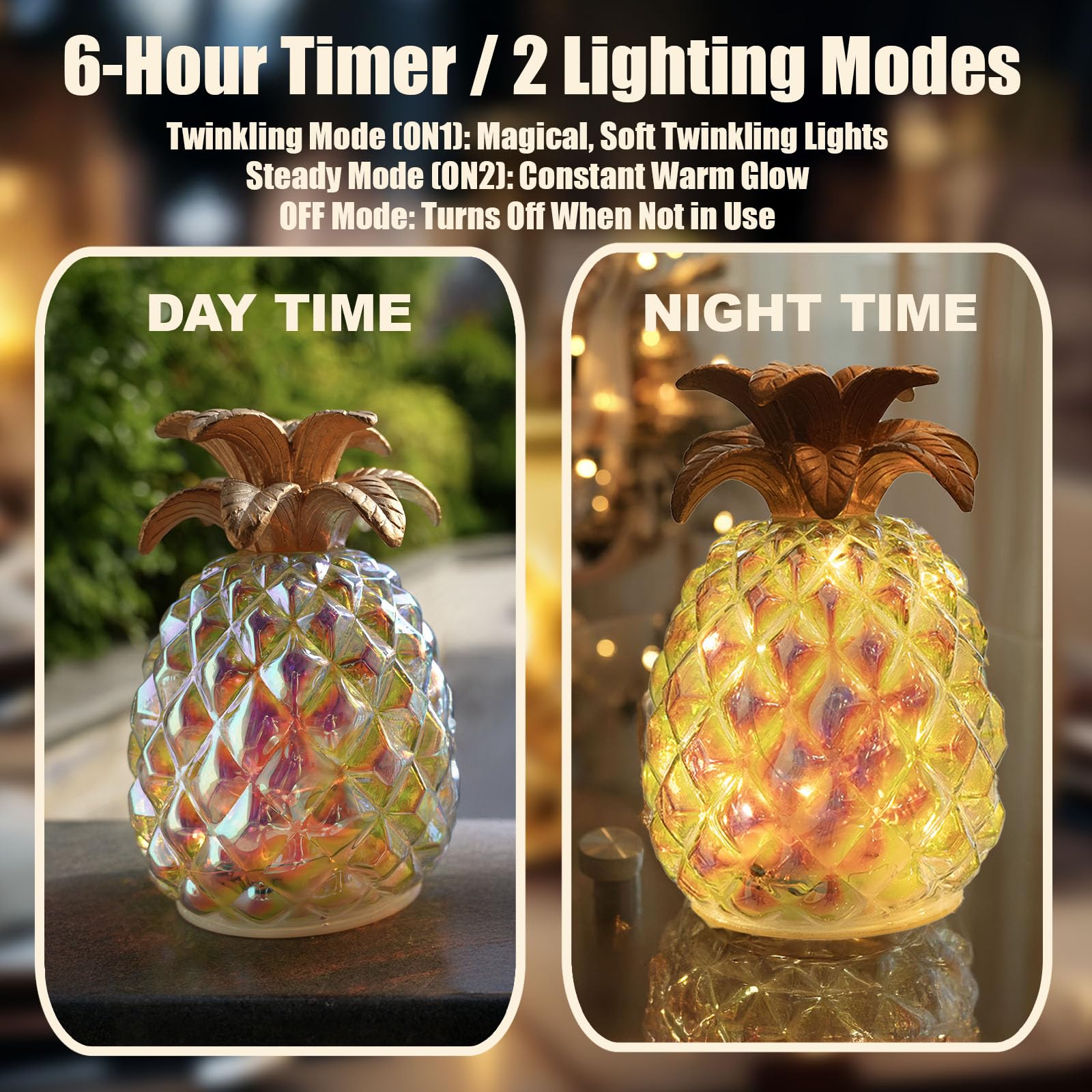 hvfun Iridescent Glass Pineapple Light – Battery-Powered LED Lamp with Steady & Twinkling Modes, 6-Hour Timer – Ideal for Tropical Decor & Gifts