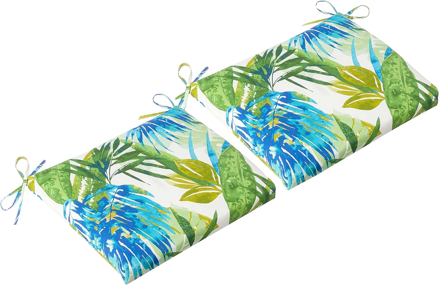 Pillow Perfect Tropic Botanical Indoor/Outdoor Chair Pad With Ties, 2 Count, 20" x 20", Blue/Green Soleil