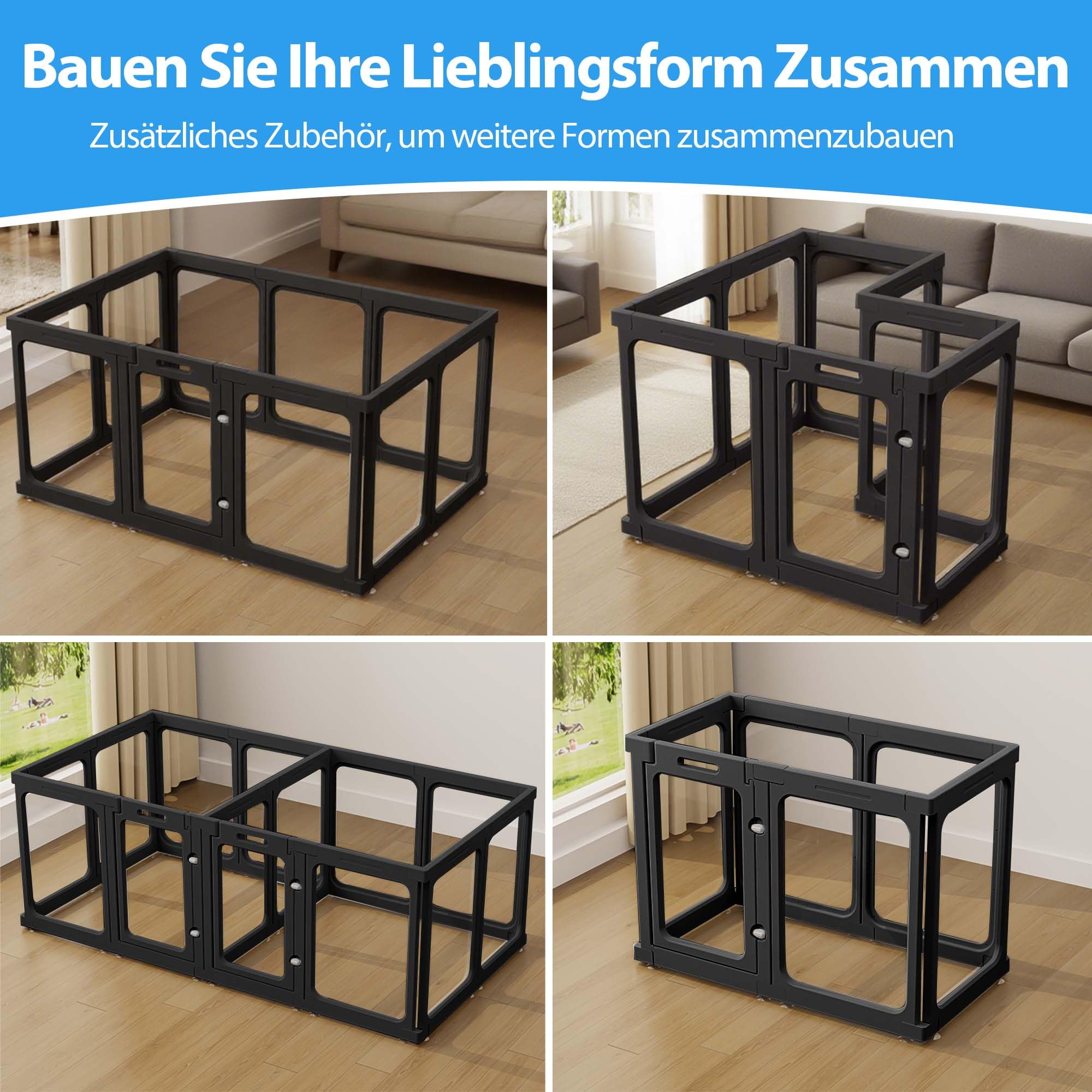 60cm/75cm Klarer Acrylplastik Welpenlaufstall, Transparenter Hundelaufstall mit Tür, Leicht reinigen, Welpenauslauf für Wohnung (Schwarz, 60cm Höhe, 9+1 (10 Stück))