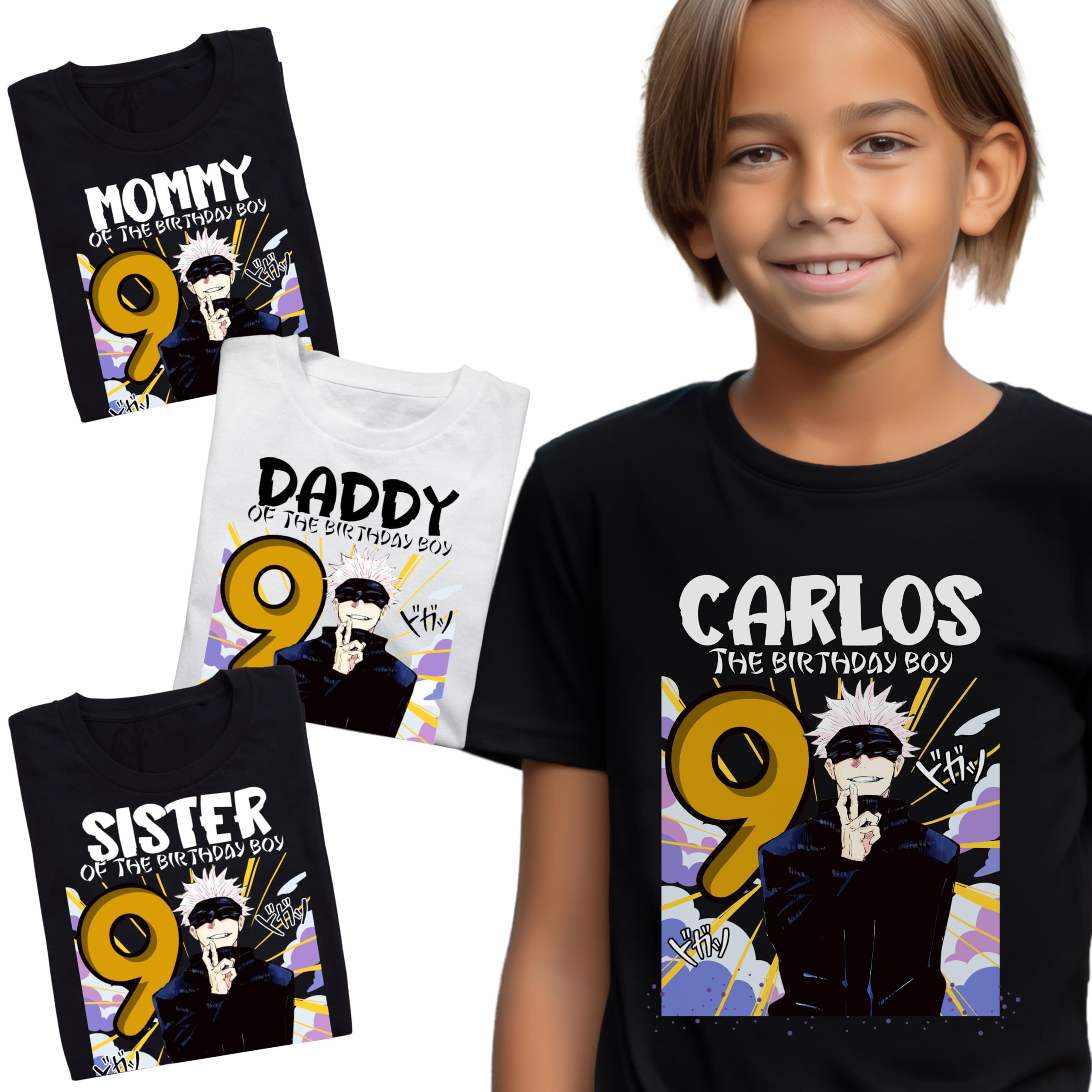 Personalized Gatoru t-Shirts for Anime Birthdays with Age and Name for The Whole Family, Supplies and Decorations for Gojo's Party White