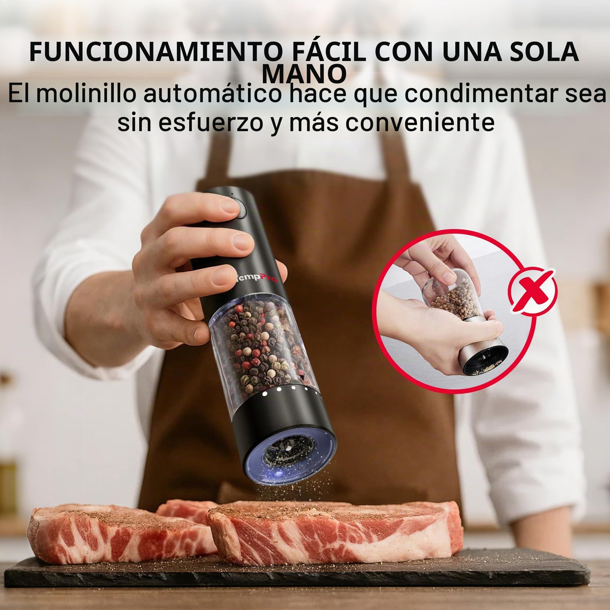 TempPro Juego de Molinillo eléctrico de sal y pimienta, recargable | con iluminación LED, Fácil de limpiar, Funcionamiento con una sola mano, 110 ml para la cocina (Anteriormente ThermoPro)