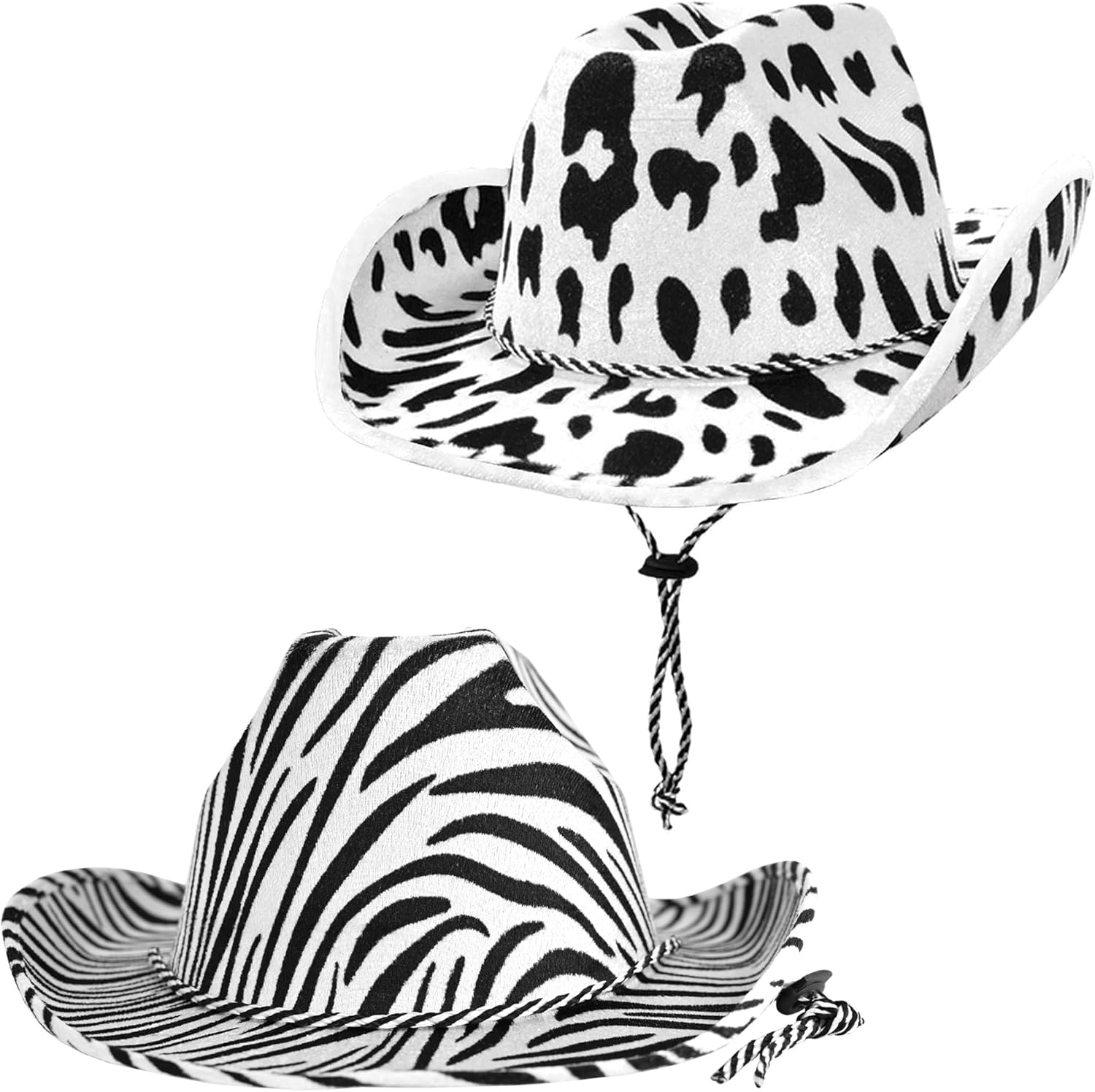 Beistle Animal Print Cowboy Hat Set – Zebra and Cow Print Western Novelty Hats, Fun Party Wear for Rodeo Themes, Barnyard Events, Costume Accessories & Photo Booth Props with Adjustable Chin Straps