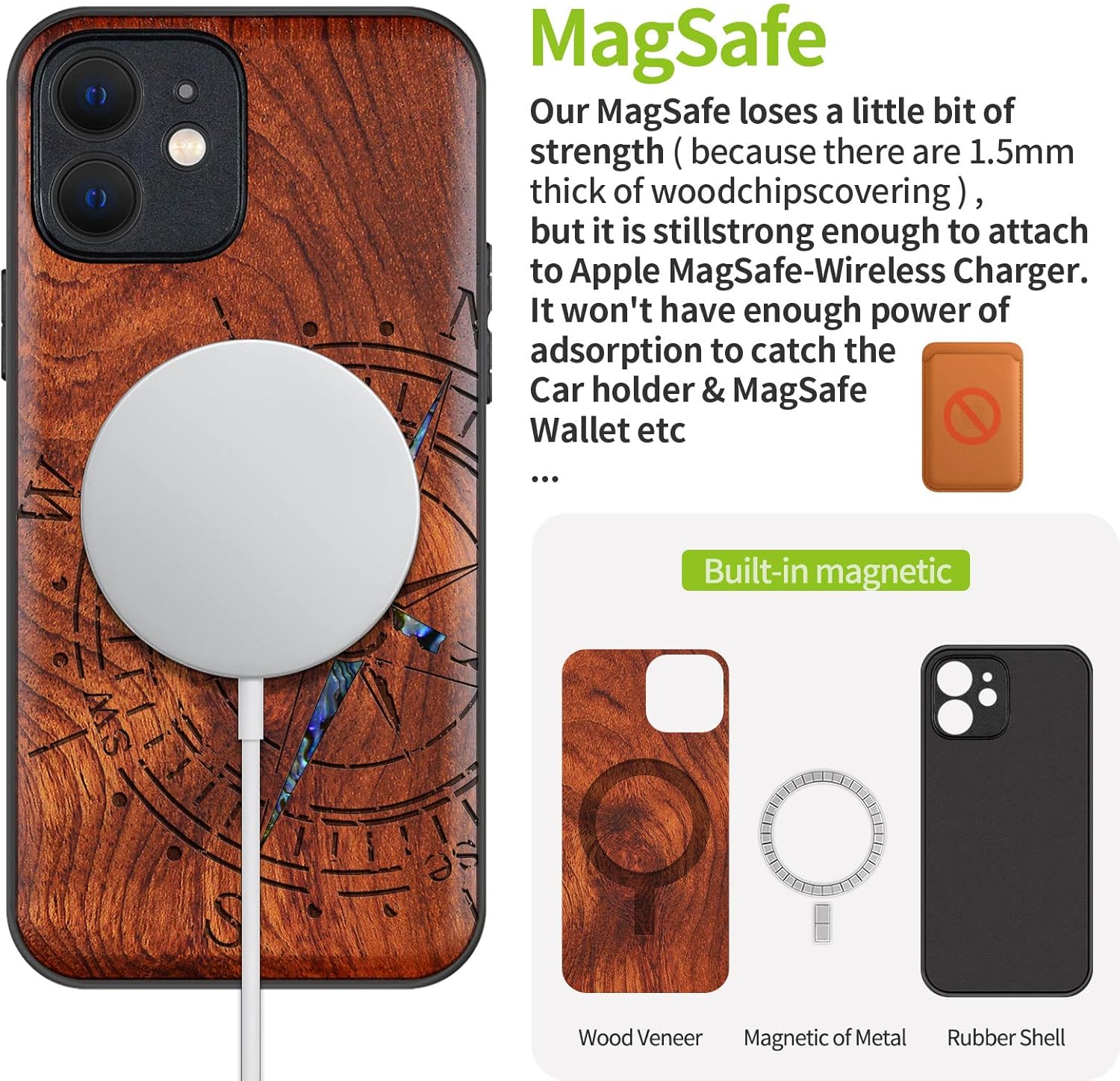 Carveit Designer Wooden Protective Case for iPhone 12 Mini Magnetic Cover [Wood Engraving & Shell Inlay] Wood Phone Case Compatible with 12 Mini MagSafe 5.4 Inch (Compass-Rosy)
