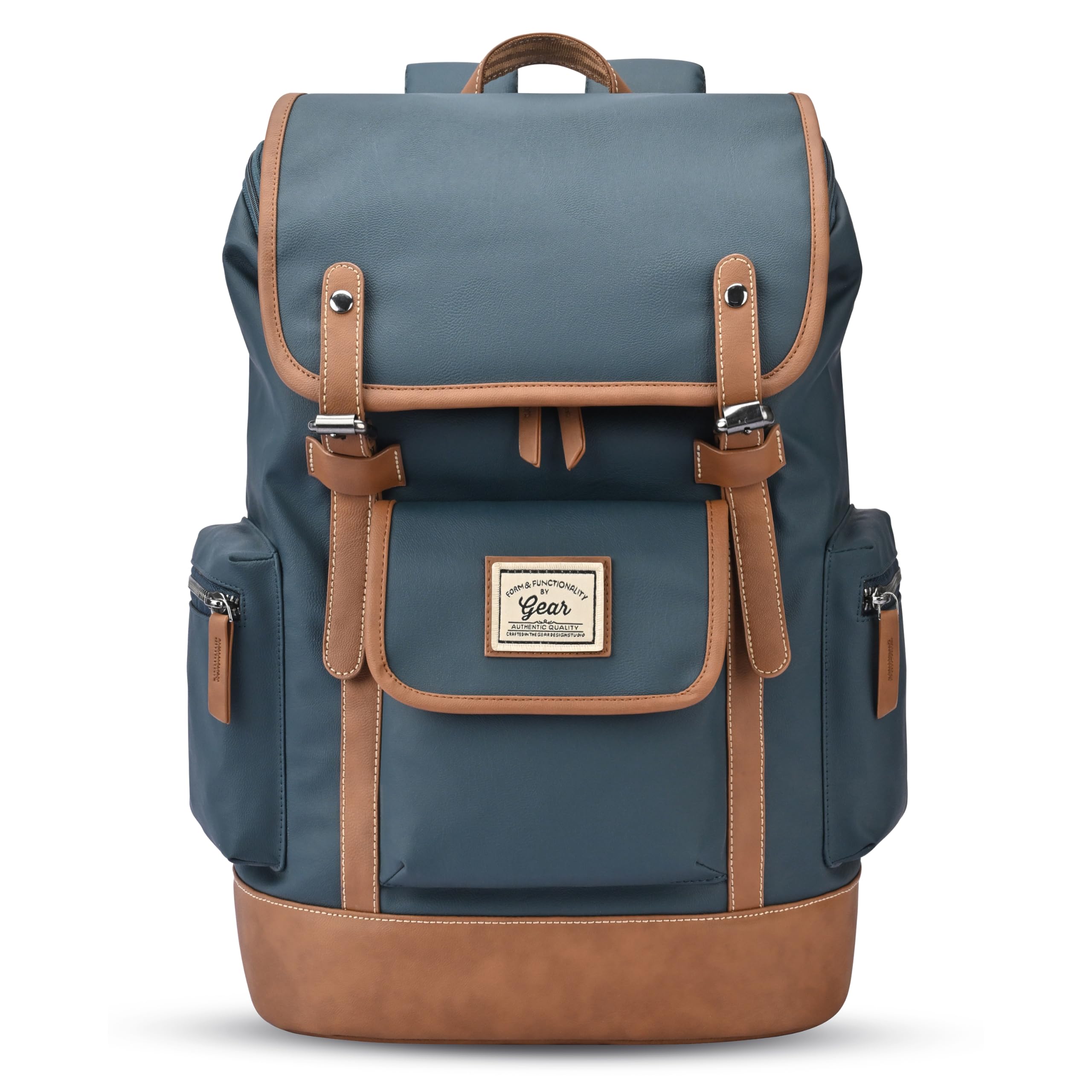 gear Classic 16.5"/21L Medium Water Resistant Faux Leather Anti Theft Knapsack | Laptop Bag | Casual Bag | Travel Bag for Men/Women (Teal - Tan)-picture-12