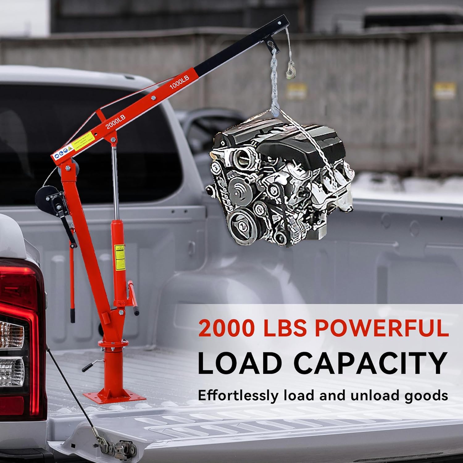 2000 lbs Folding Truck Crane with Hydraulic Winch, Heavy Duty Pickup Truck Bed Engine Hoist Jib Crane Truck Mounted Crane for Lifting Goods in Construction, Forestry, Factory, Red