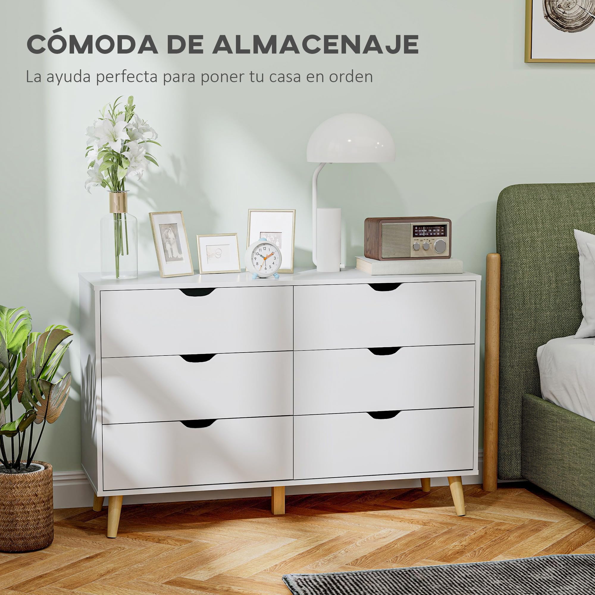 HOMCOM Commode 6 tiroirs Armoire avec tiroirs Meuble de Rangement Pieds en Bois Massif Style Moderne 120 x 40 x 76 cm Blanc