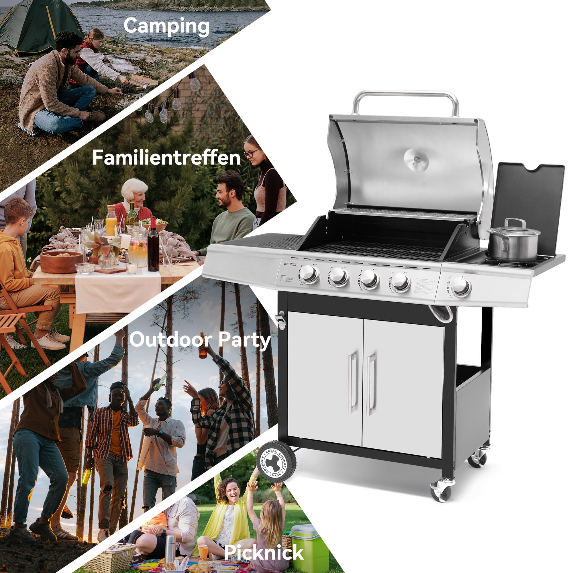 Royal Gourmet 4+1 Brenner Gasgrill Grillwagen mit automatischer Zündung,integriertem Thermometer und Unterschrank Edelstahl Brenner mit 14,5 kW Camping Gasgrill für Outdoor Barbecue Silber