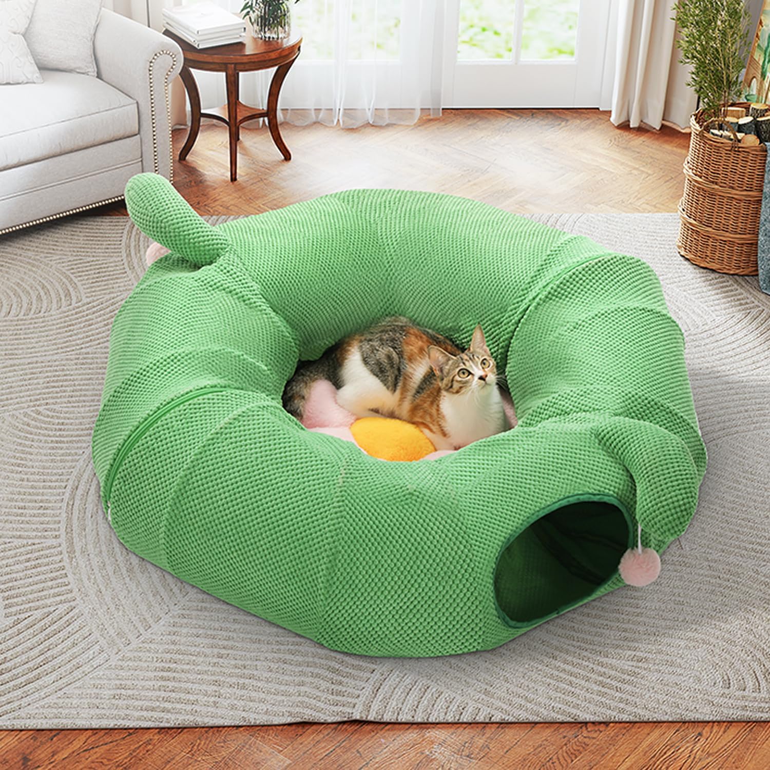 PAWZ Road Cactus Cat Donut Tunnel Collapsible Cat Tunnel Tube, Dia-38 inches with Flower Soft Mat for Indoor Cats and Rabbits