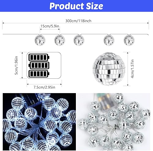 Miniatura 3 de Cunno 4 tiras de luces LED de 10 pies de bola de discoteca de los años 70, luces de discoteca de espejo de los años 70, luces de cadena de luces de