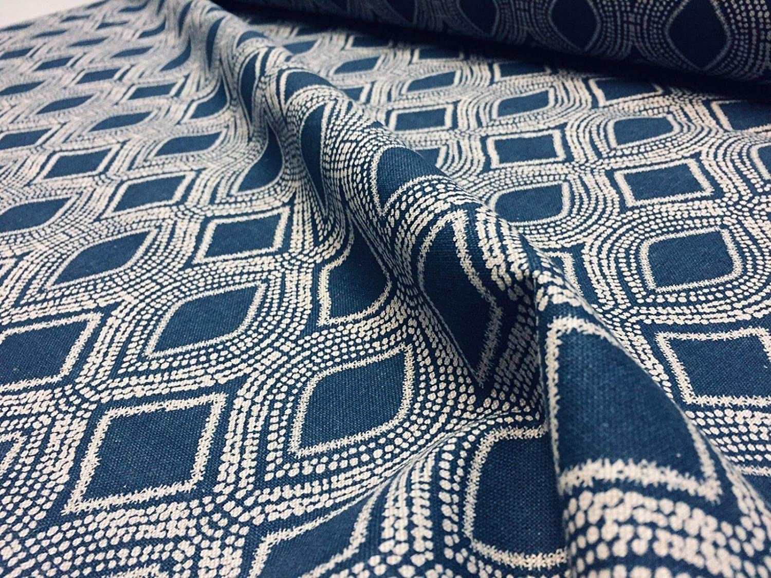 Lushfabric Navy Blue Art Deco Rhombus Damask Diamond Print Fabric Floral Cotton Material For Curtains Upholstery Home Decor - 140Cm Wide Canvas - (2 Metres)