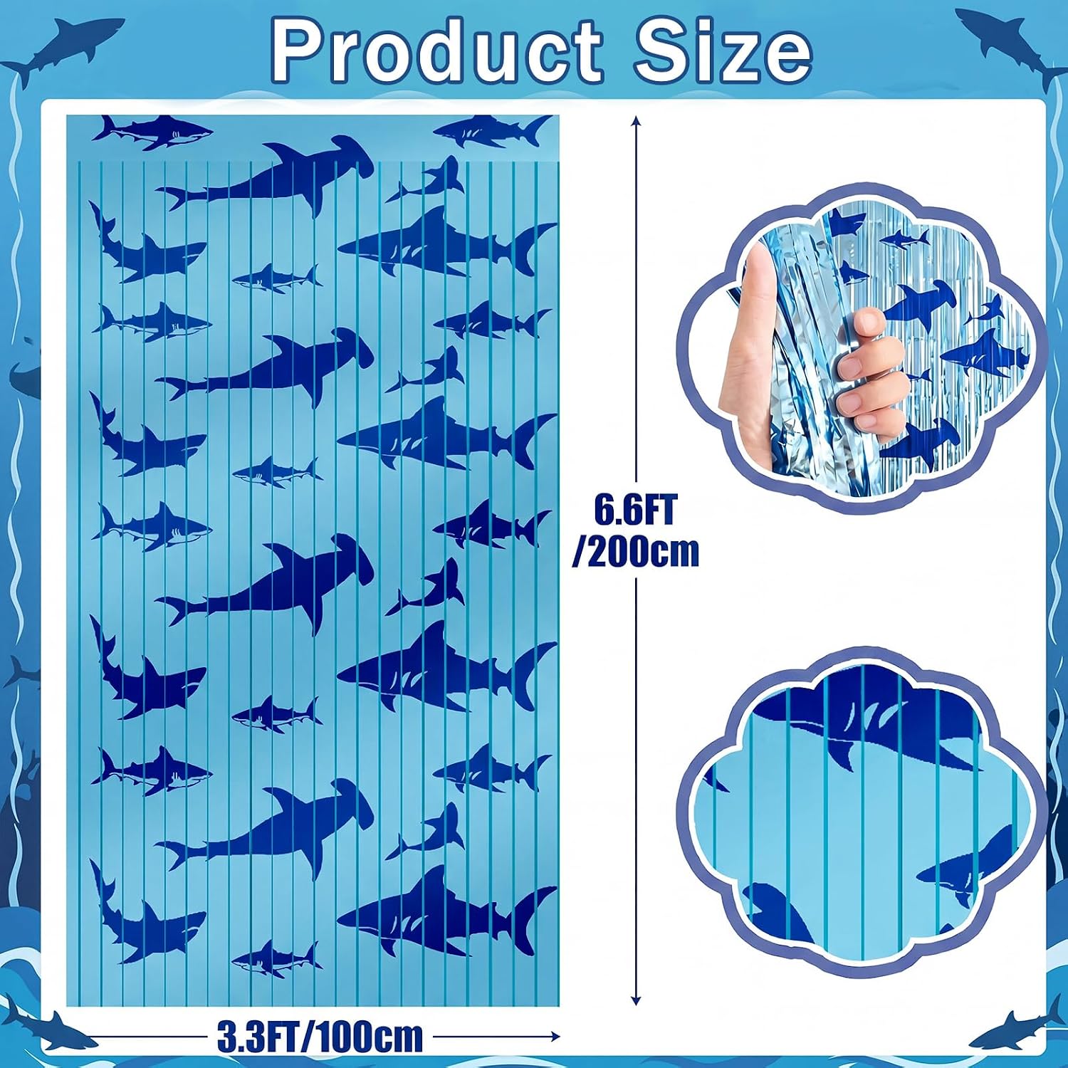 Frienda 2 Pack Shark Party Decorations 3.3x6.6 ft Blue Foil Fringe Curtain
