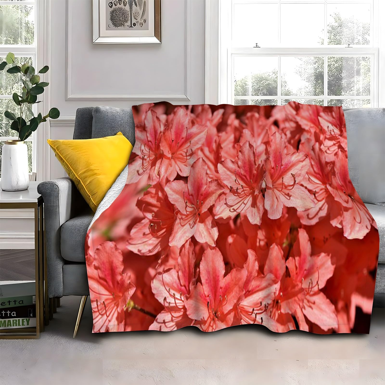 LLSZAHD Azalea Double Size Throws Blanket Red Flowers Comfort Soft Sofa Bed Flannel Blanket 128x152cm, Modern Fashion Design Style Children Adults Bedroom Decor - Travel Blankets 50"x60"