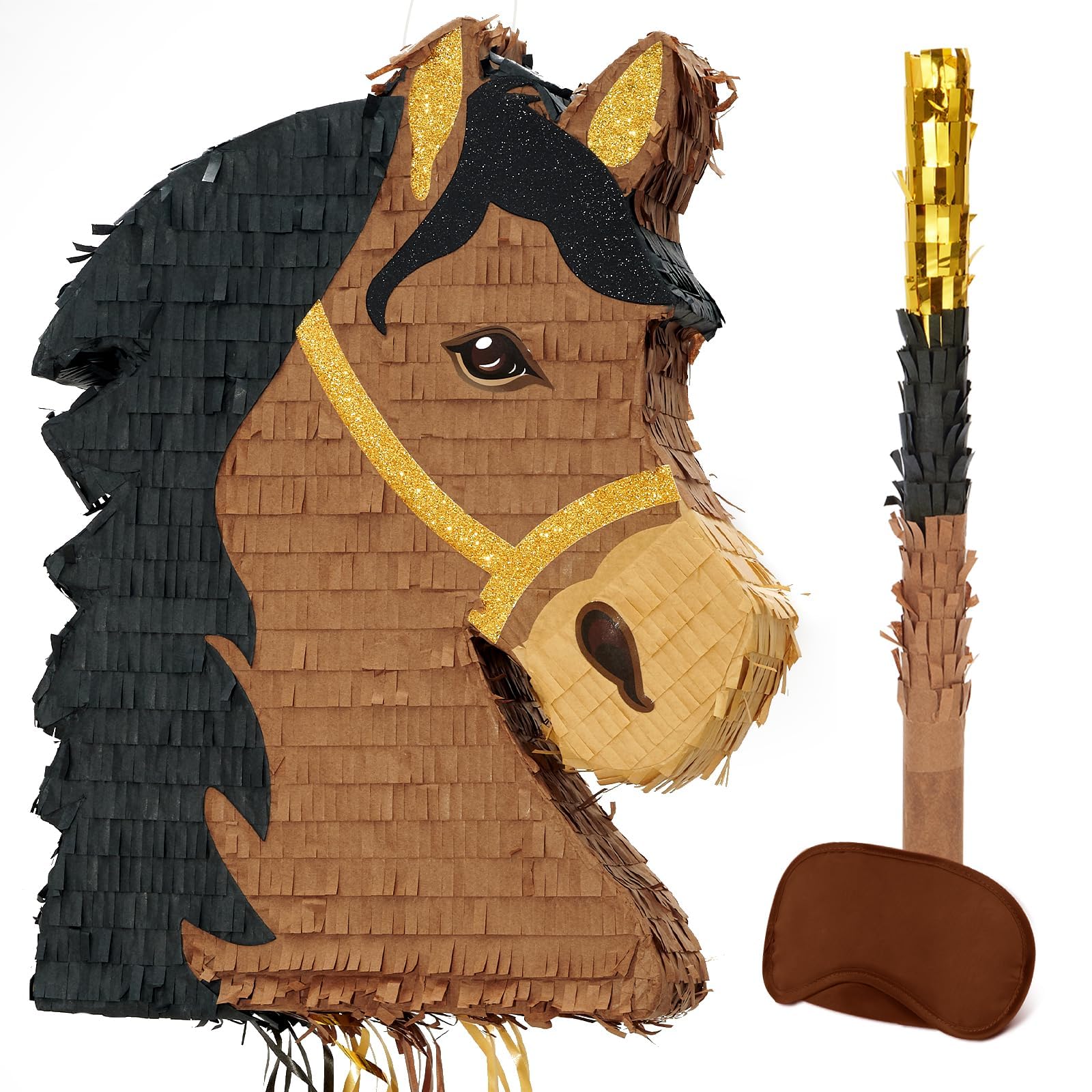 WERNNSAI Piñata cheval – Décoration d'anniversaire pour garçon et enfant Tête de cheval avec bâton Bandeau pour les yeux Décorations de fête d'anniversaire Cowboy Westworld Party Piñata Jeux