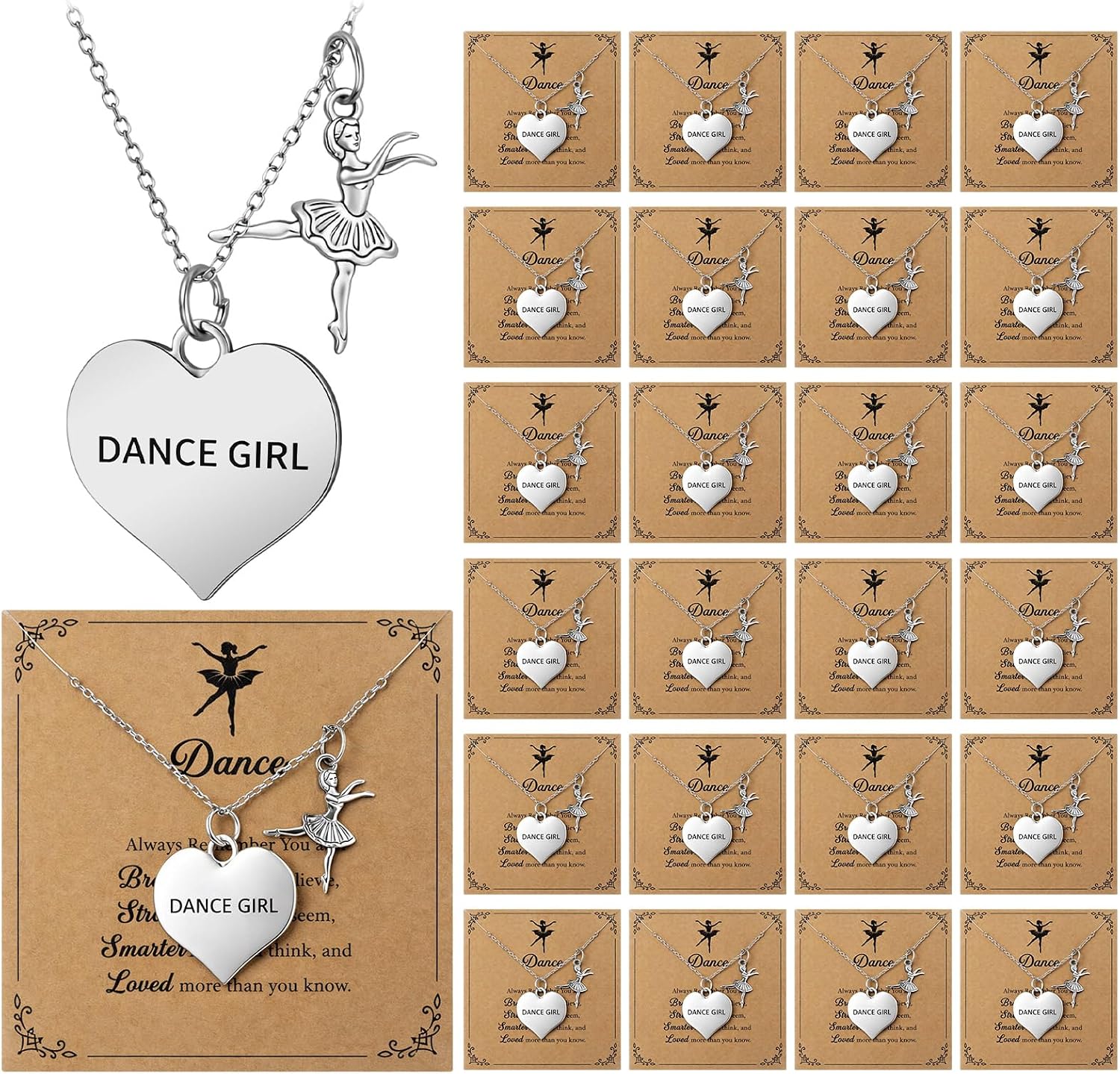 Tondiamo 24 Sets Ballerina Dance Necklace Bulk Dance Recital Gifts Adjustable Ballet Pendant Necklace with Inspirational Card Ballet Jewelry Accessories for Team Graduation Ballerina Party Favors