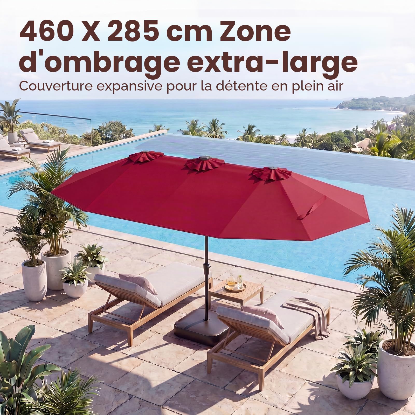 GOPLUS Parasol de Jardin Exterieur avec Pied, 4,6x2,8M Grand Parasol Double avec 48 LED Solaires, Manivelle, 12 Baleines, Protection Solaire, pour Terrasse Marché Patio