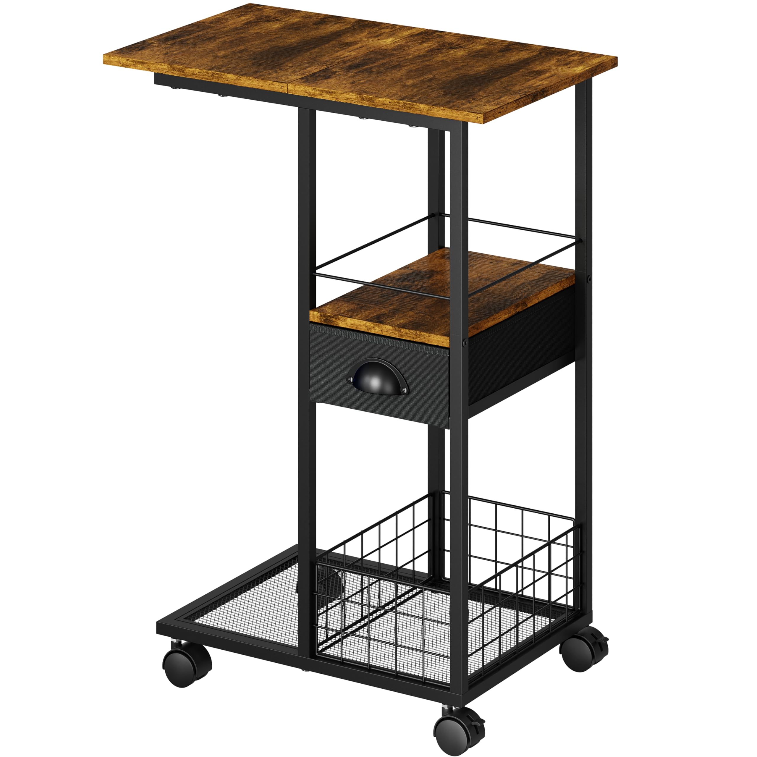 C Shaped Sofa Side Table with Wheels, Rolling Small Coffee Table with Drawer, Portable TV Tray Table for Couch, Bedside Table with Storage, Narrow Nightstand for Bedroom, End Tables Living Room