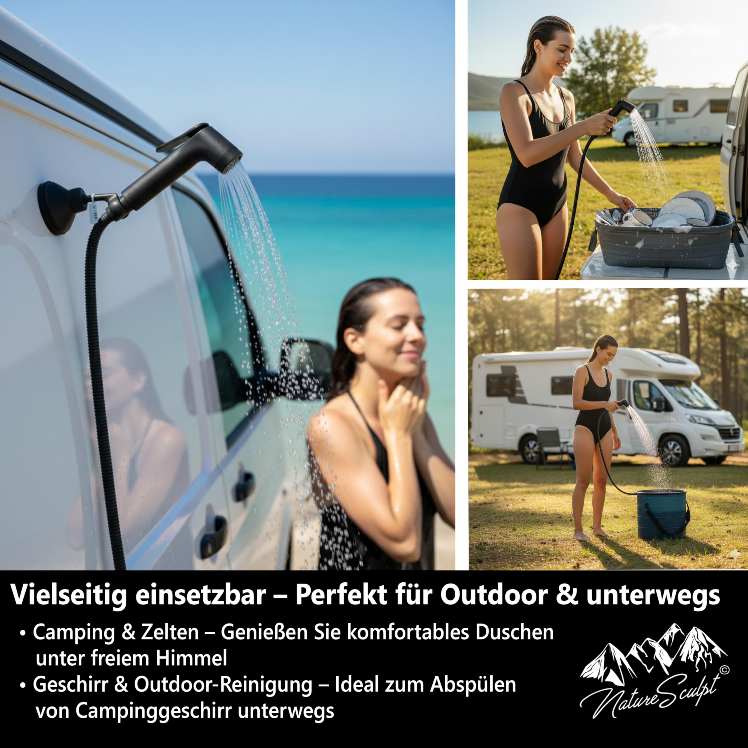 Mobilna słuchawka prysznicowa na kemping z wężem 1,5 m, regulowany dopływ wody, do kampera, Vanlife i umywalki do użytku na zewnątrz, kompaktowa, przenośna, wytrzymałe tworzywo ABS