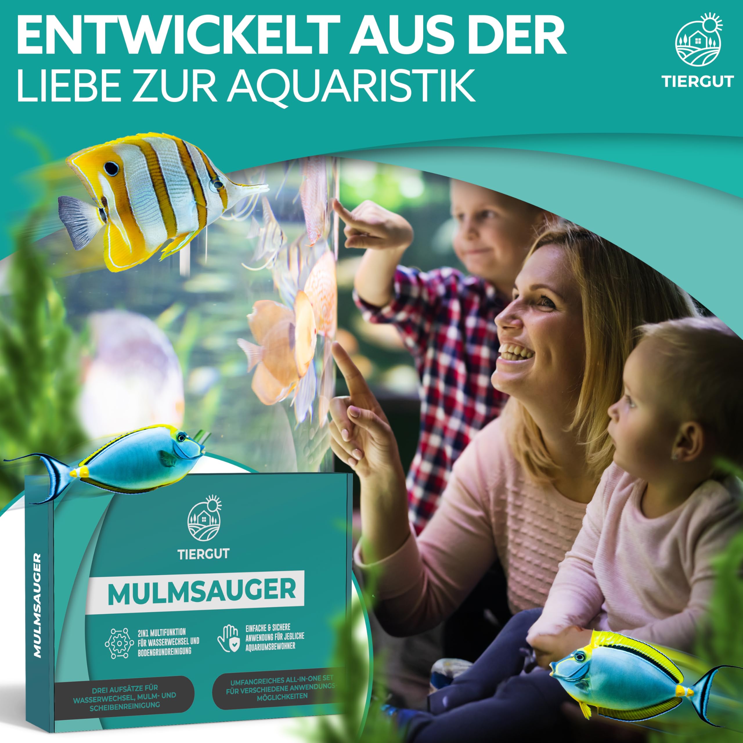 Mulmsauger Aquarium [9-teilig] - 3-in-1 Sauger für Boden-Reinigung, Wasserwechsel & Scheiben-Pflege - Komplett-Set inkl. XXL-Schlauch & Zubehör