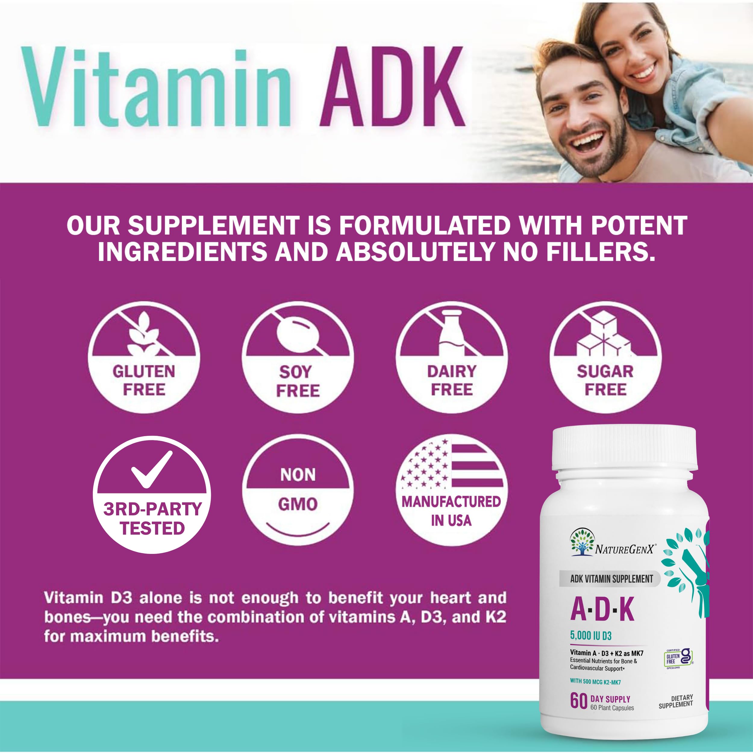 NatureGenX ADK Vitamin Supplement – Vitamins A, D3 & K2 MK-7 for Bone Health & Calcium Absorption – Gluten-Free, Non-GMO, Soy-Free – 60 Capsules (2-Month Supply) — Amazon image 7