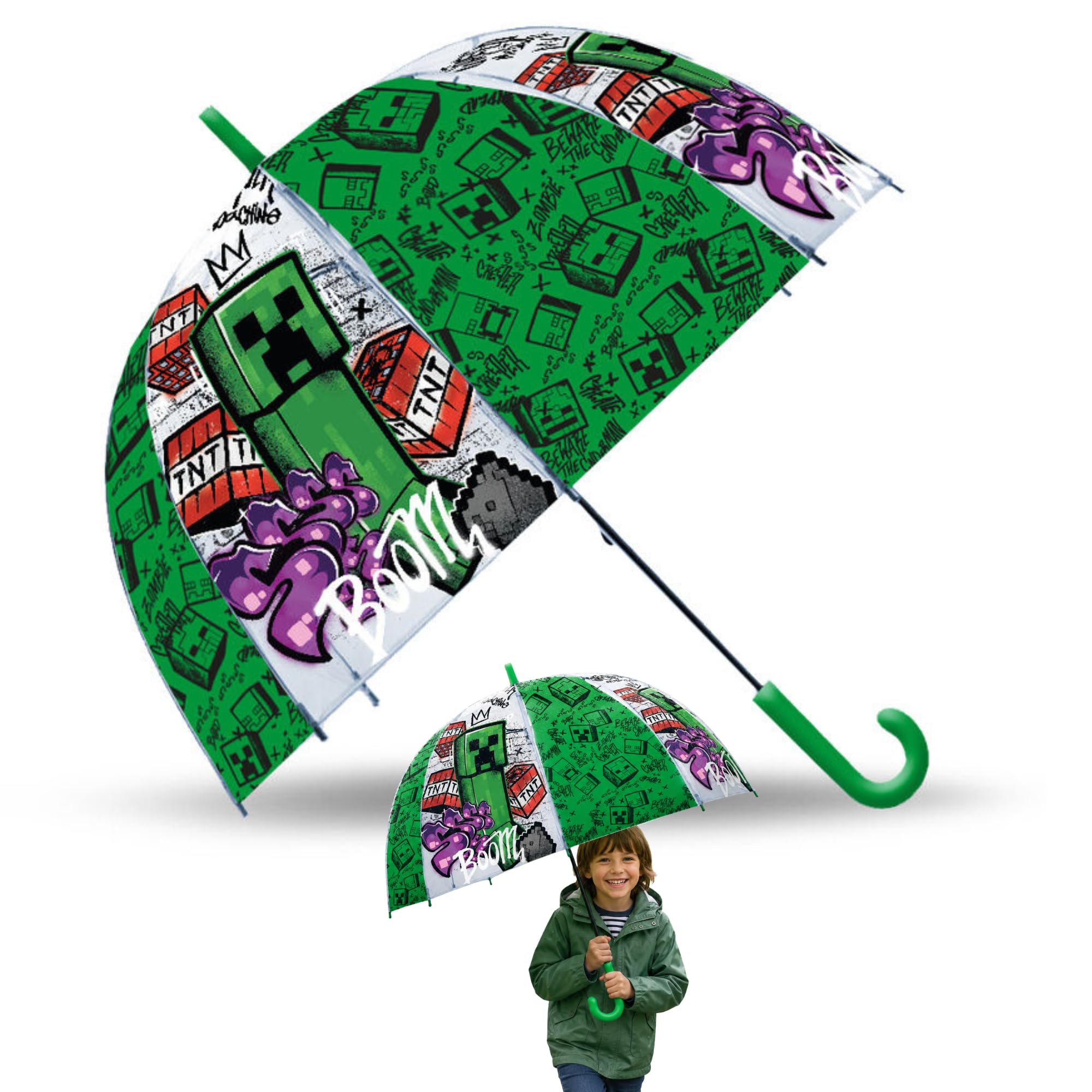 Srv Hub Boys Minecraft. Minecraft Kids Transparent Dome Umbrella 75Cm Pvc Rain Brolly For Girls Lightweight Windproof Waterproof School Travel Cartoon J Handle