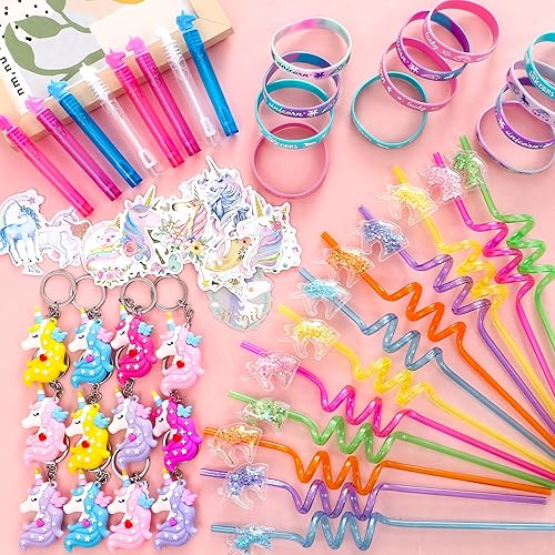 Miniatura 7 de Winrayk 98 piezas de unicornio para fiesta, suministros de cumpleaños para niñas, varita de burbujas de paja, pulsera de silicona, llavero, pegatina